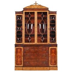 Romweber French Neoclassical Mahogany and Burl Wood Breakfront Bookcase Cabinet