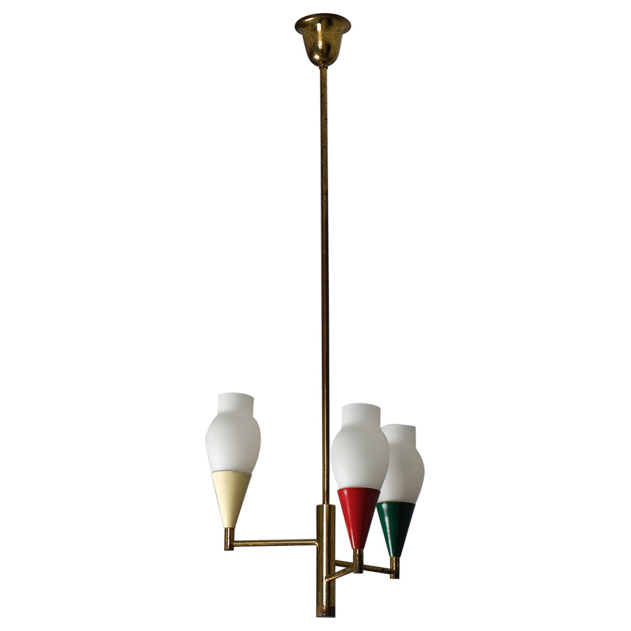 1950s Italian Brass Chandelier with Modern Design and Colorful Metal Accents For Sale