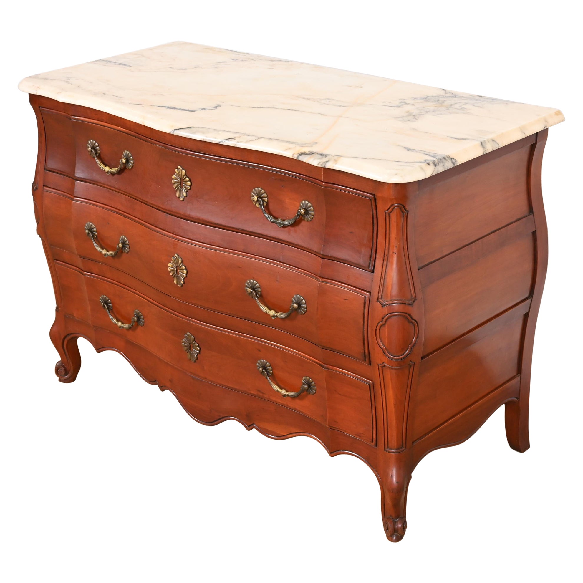 John Widdicomb French Provincial Louis XV Cherry Wood Marble Top Dresser Chest