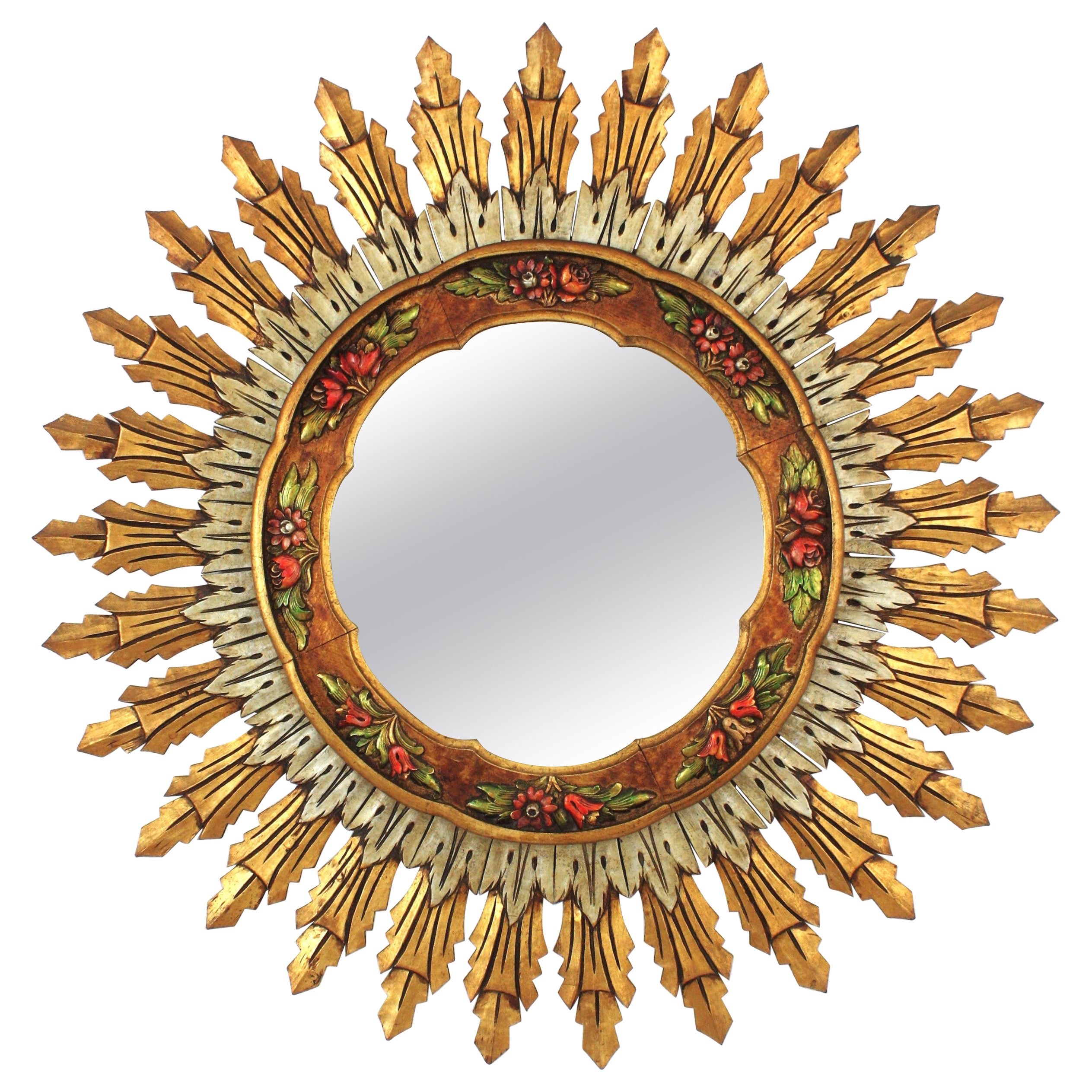 Miroir Baroque Espagnol XL Sunburst, Bois Argenté Doré et Détail Fleur Barbola en vente