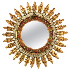 Retro Baroque Spanish XL Sunburst Mirror, Gilt Silvered Wood and Barbola Flower Detail