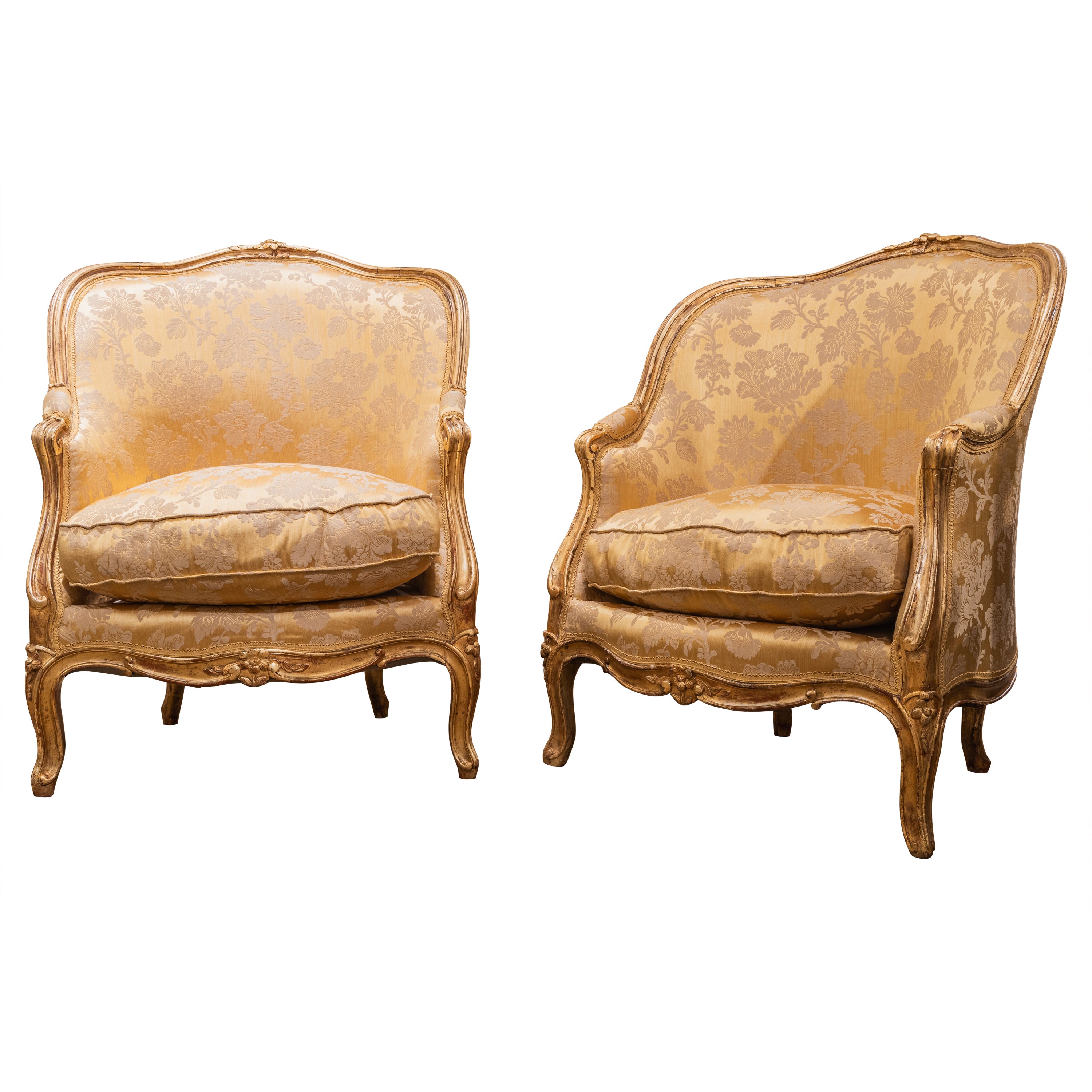 A fine pair of 19th century Louis XV water gilt and carved bergeres For Sale