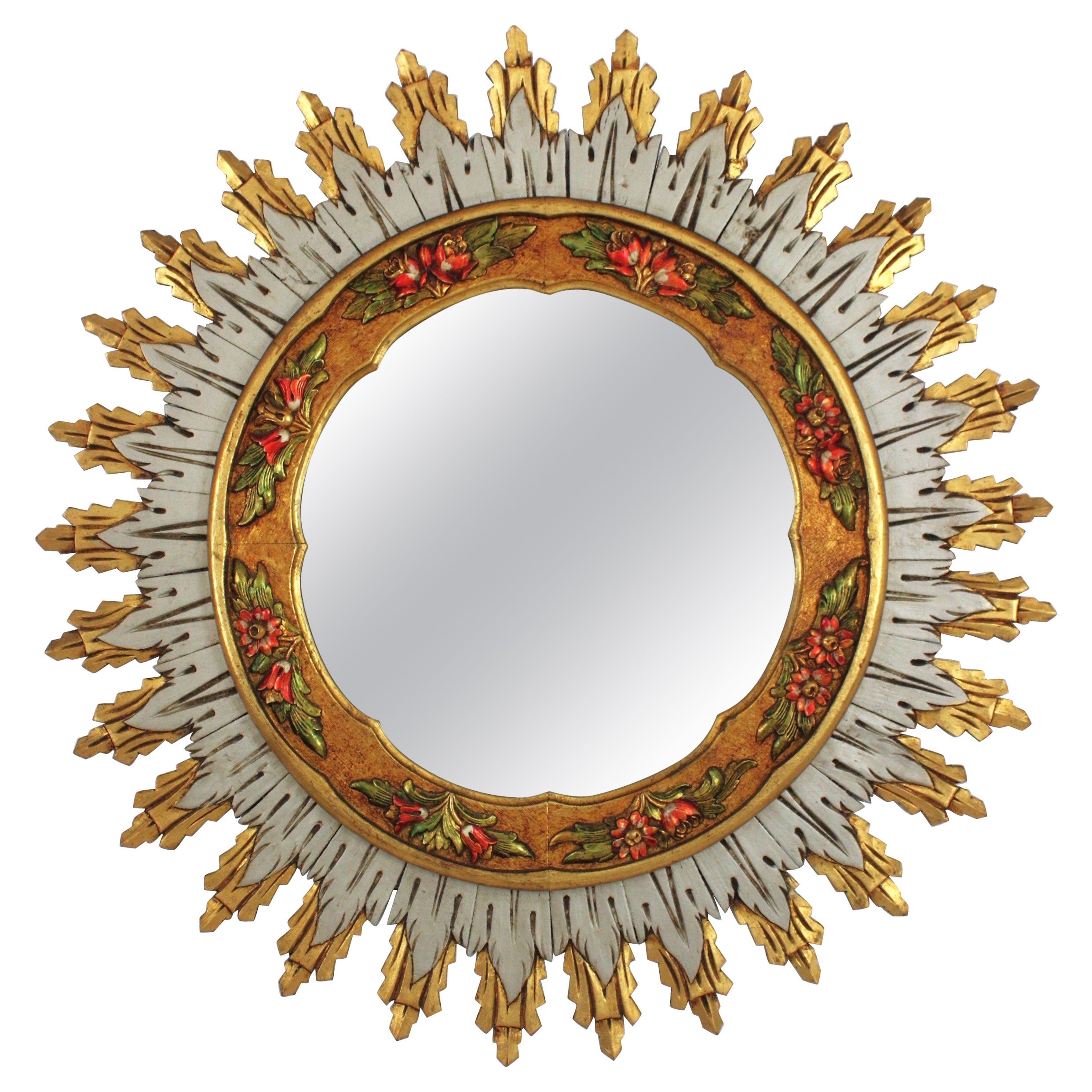 Miroir Baroque Espagnol XL Sunburst, Bois Argenté Doré et Détail Fleur Barbola