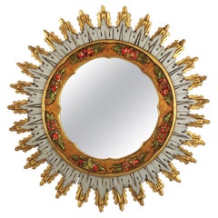 Vintage Spanish Baroque XL Sunburst Mirror, Gilt Silvered Wood & Barbola Flower Detail