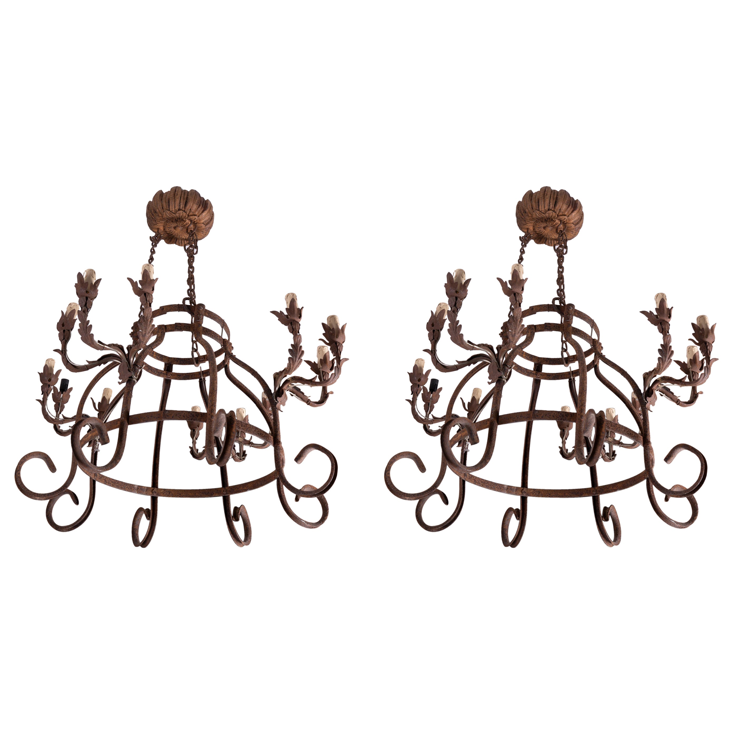 Pair of Hand Wrought Iron Chandeliers  For Sale