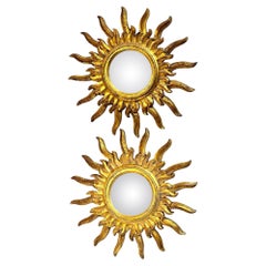 Stunning Pair of Large Sunburst Starburst Mirror Gilded Wood, Italy, circa 1950s