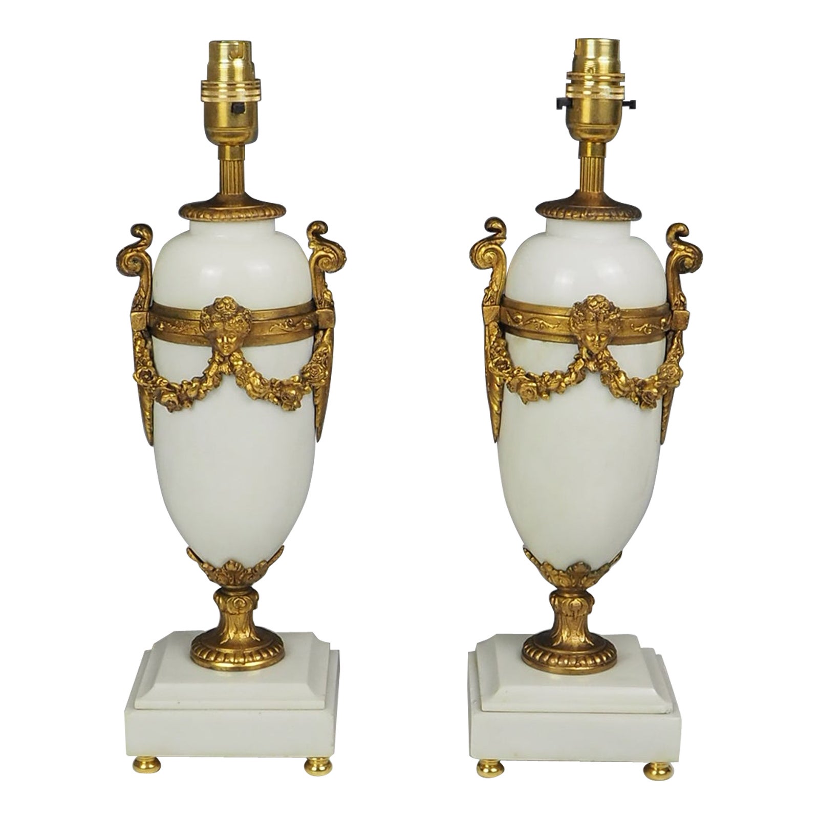 Pair of 19th Century French White Marble and Gilt Table Lamps For Sale