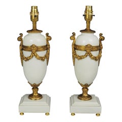 Antique Pair of 19th Century French White Marble and Gilt Table Lamps