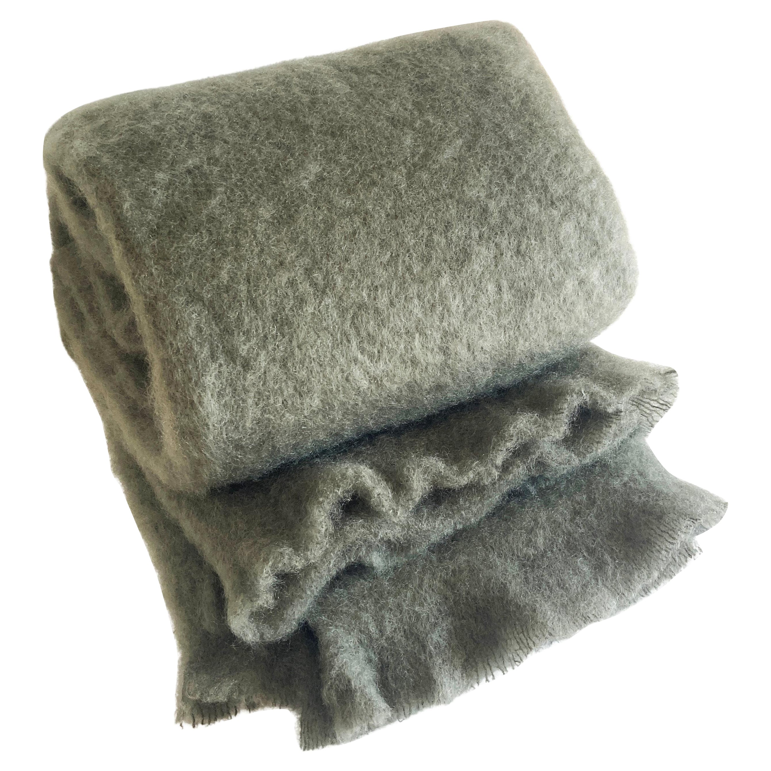 Handmade Soft Mohair Blanket Throw in Moss Green, in Stock For Sale