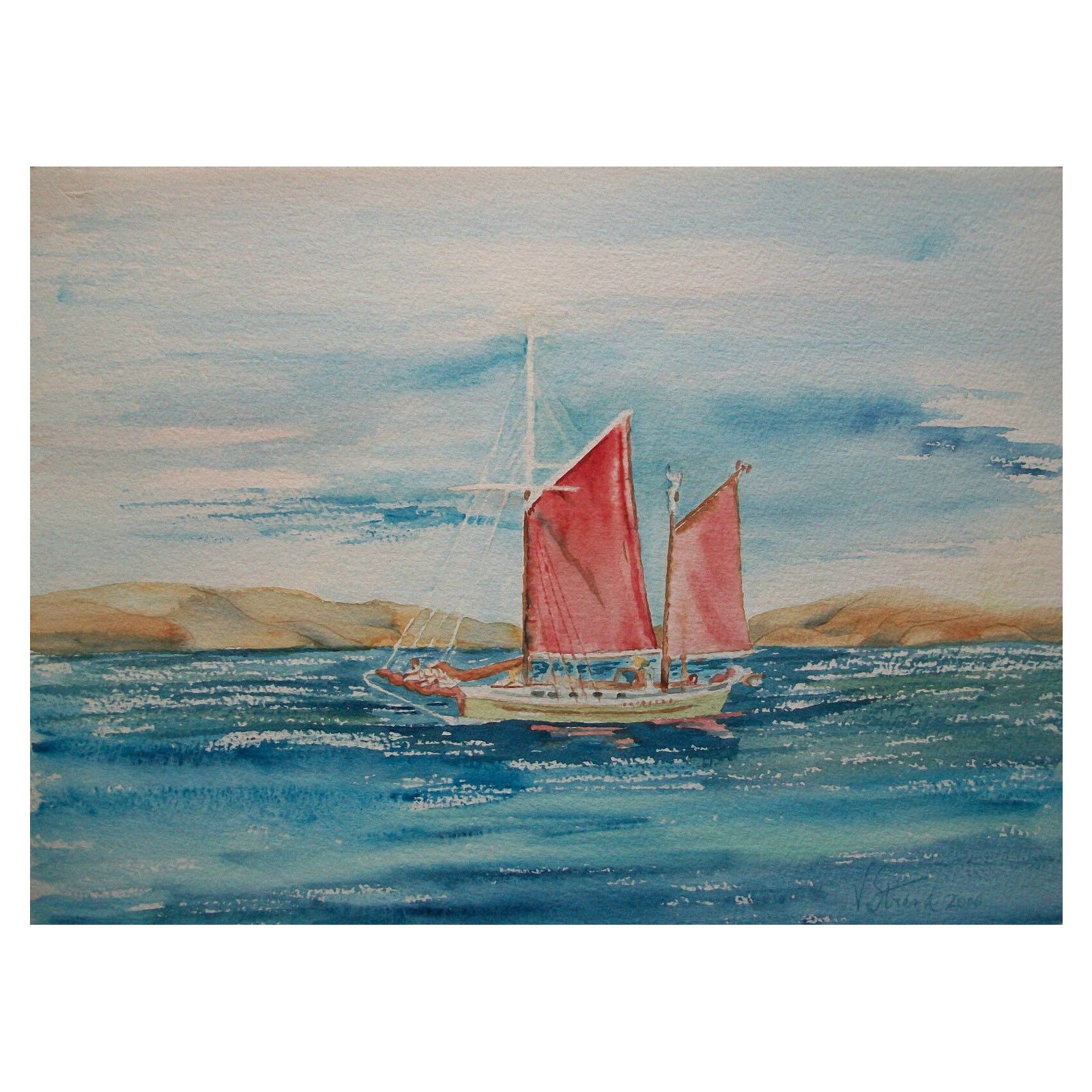VELLA STRAND - Red Sails on Juan de Fuca Strait - Watercolor - Canada - C. 2000 For Sale