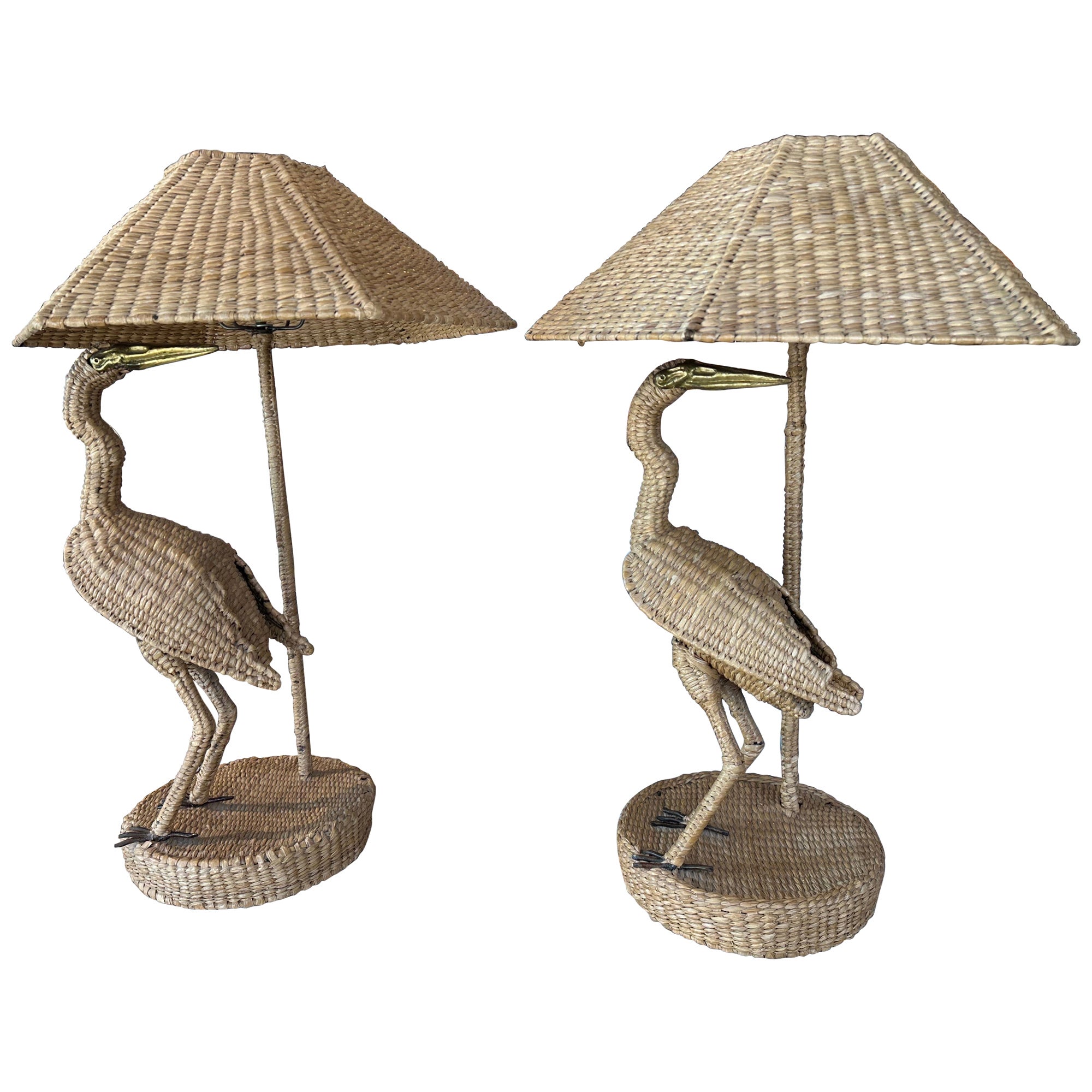 Vintage Pair Mario Lopez Torres Heron Bird Table Lamps Woven Rattan Wicker  For Sale