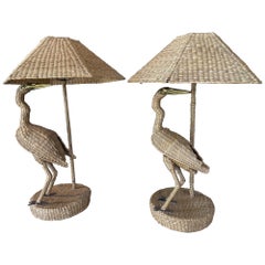 Paar Mario Lopez Torres Heron Vogel-Tischlampen, gewebtes Rattan-Korbweide, Vintage 