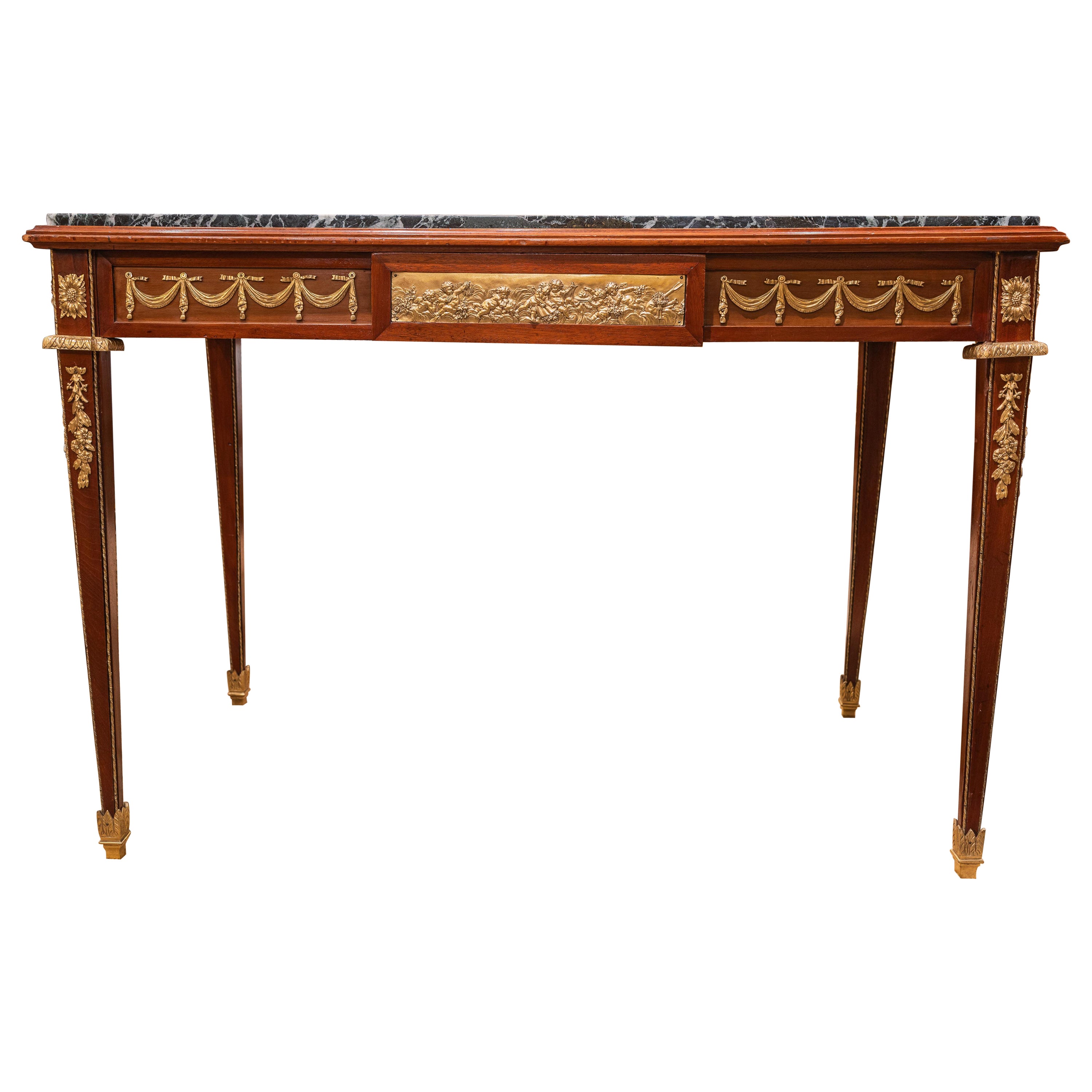 A fine 19th c French Louis XVI center table with fine gilt bronze mounts by Kahn For Sale