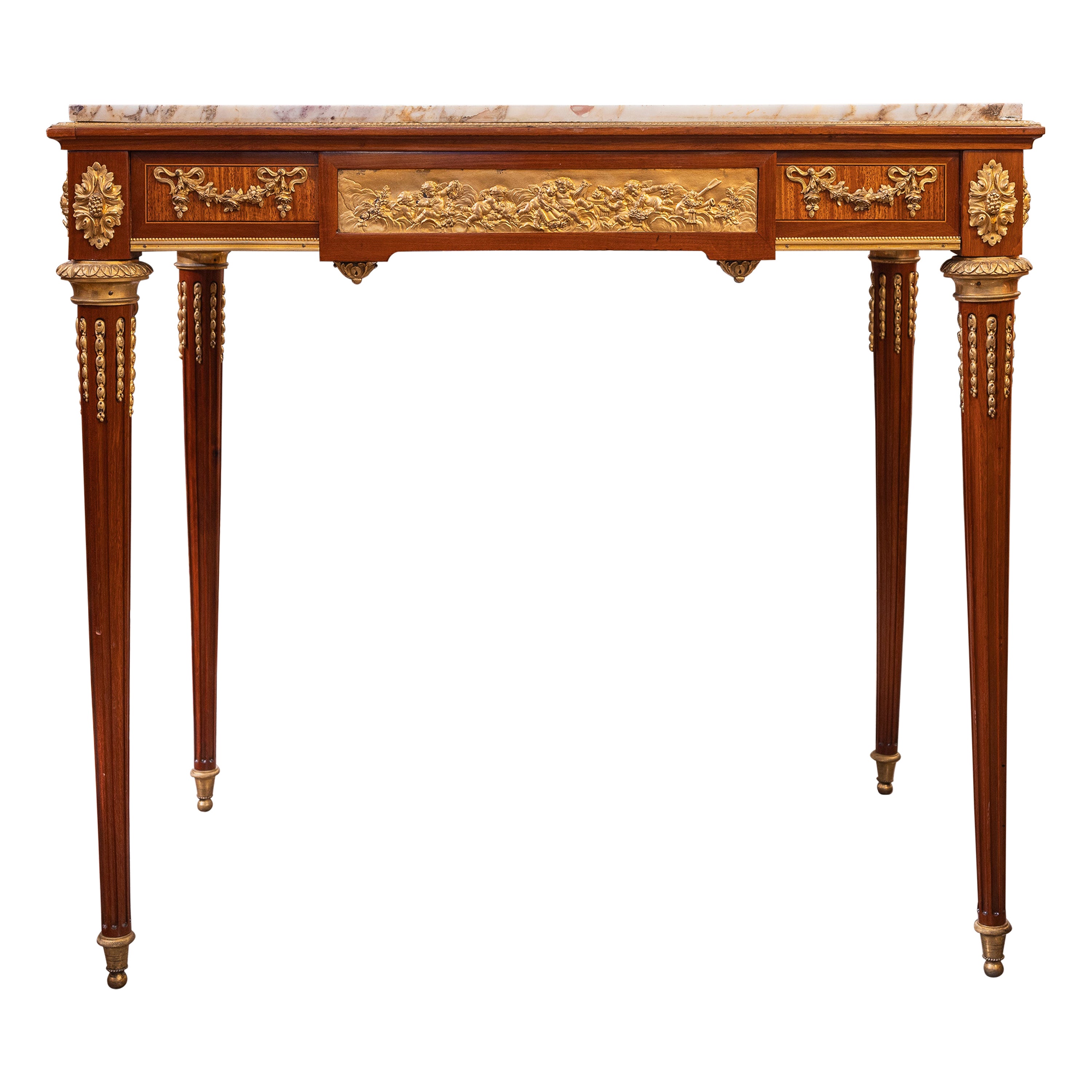 A very fine 19th c French Louis XVI signed marble top and gilt bronze table For Sale