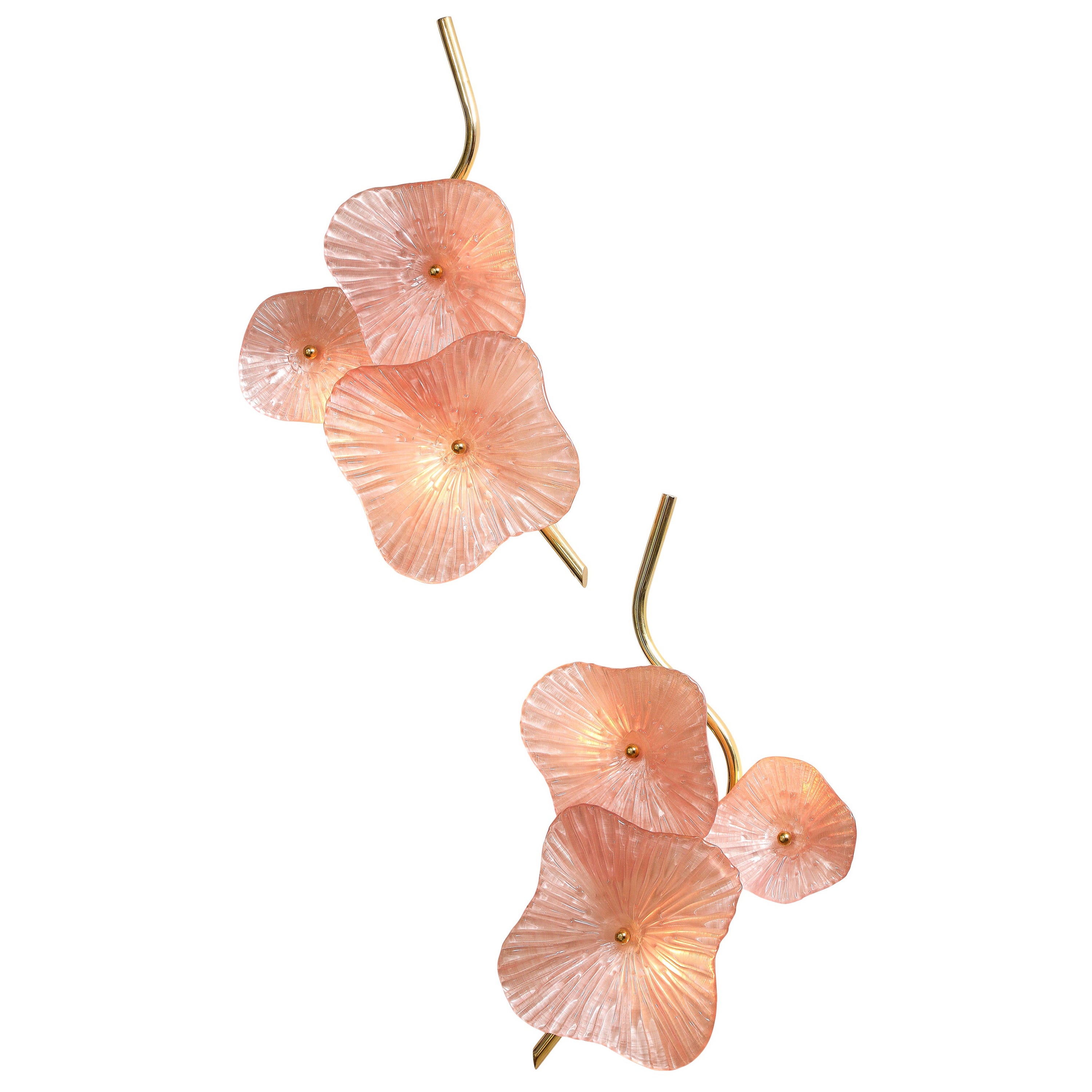  Pair of Blush Pink Murano "Flower" Glass and Brass Sconces, Italy For Sale