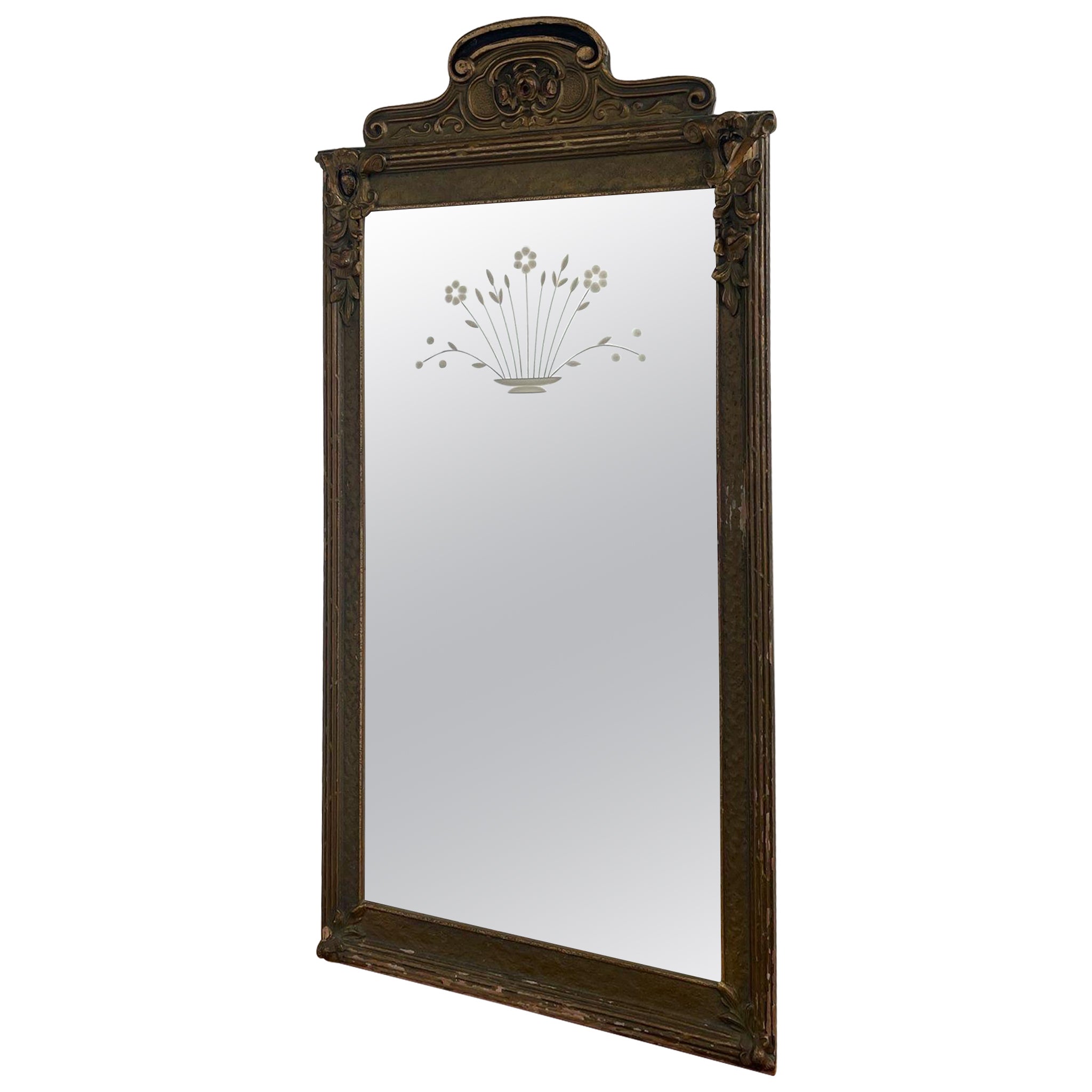 Antique Sculpted Wood Frame Mirror With Floral Etching.