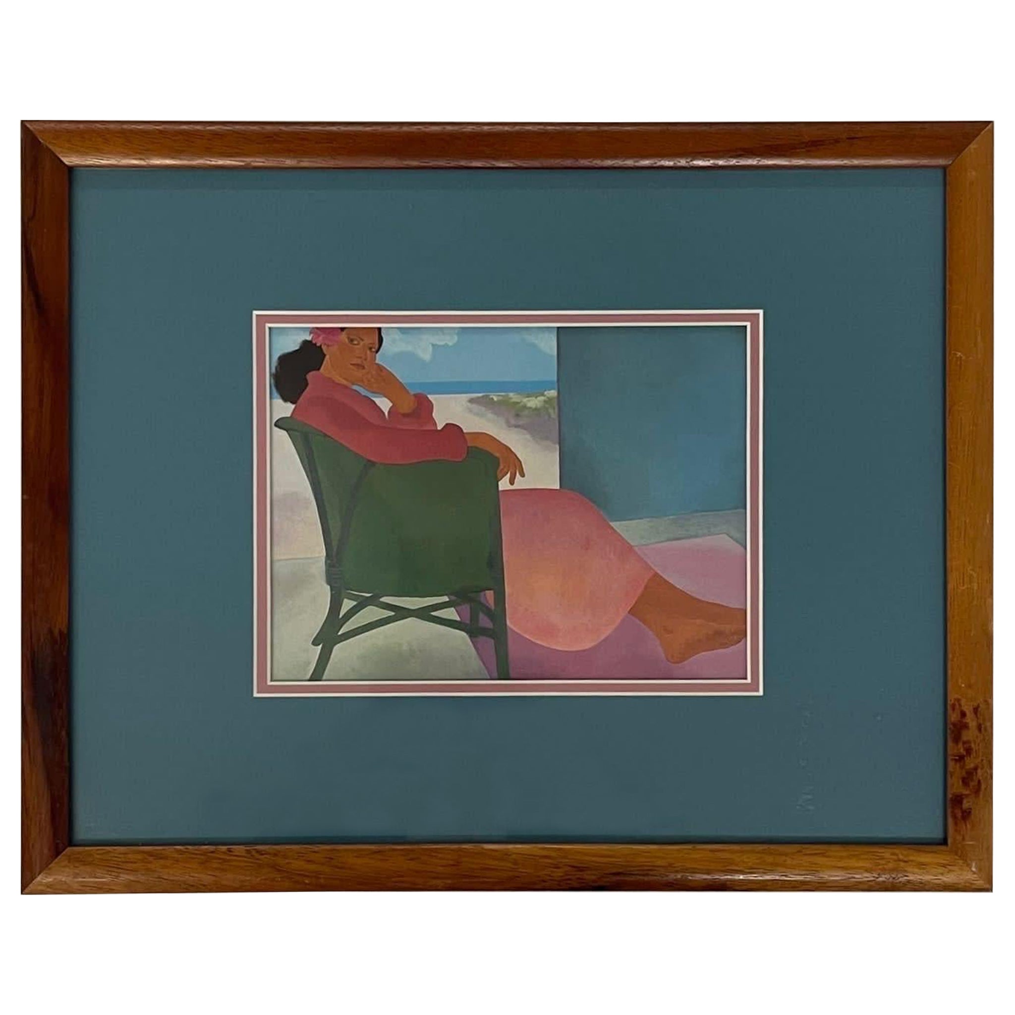 Vintage Wood Framed and Matted Print Titled “ Woman in Chair “ by Peggy Hopper. For Sale