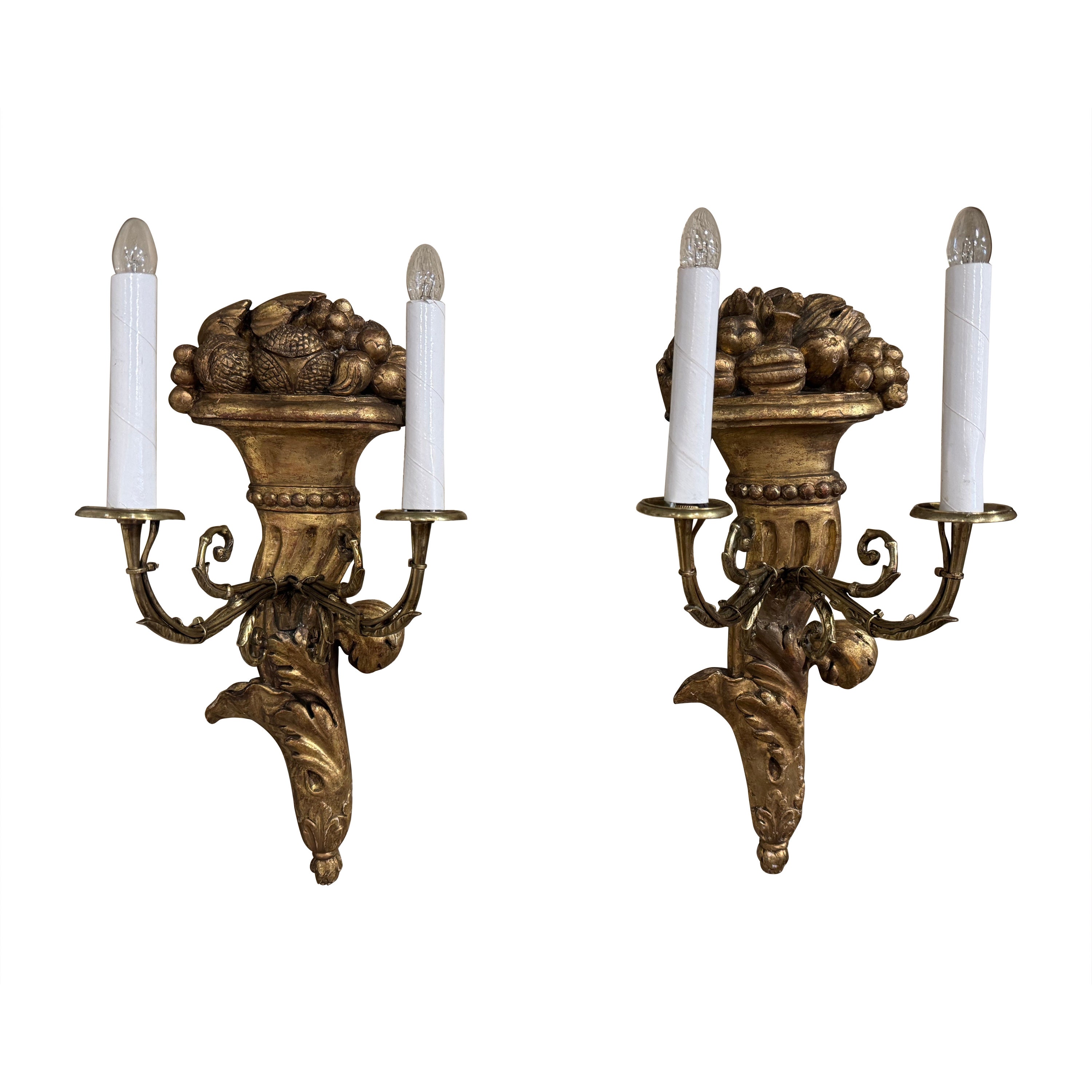 Pair of 19th Century French Louis XVI Carved Giltwood Two-Light Wall Sconces For Sale