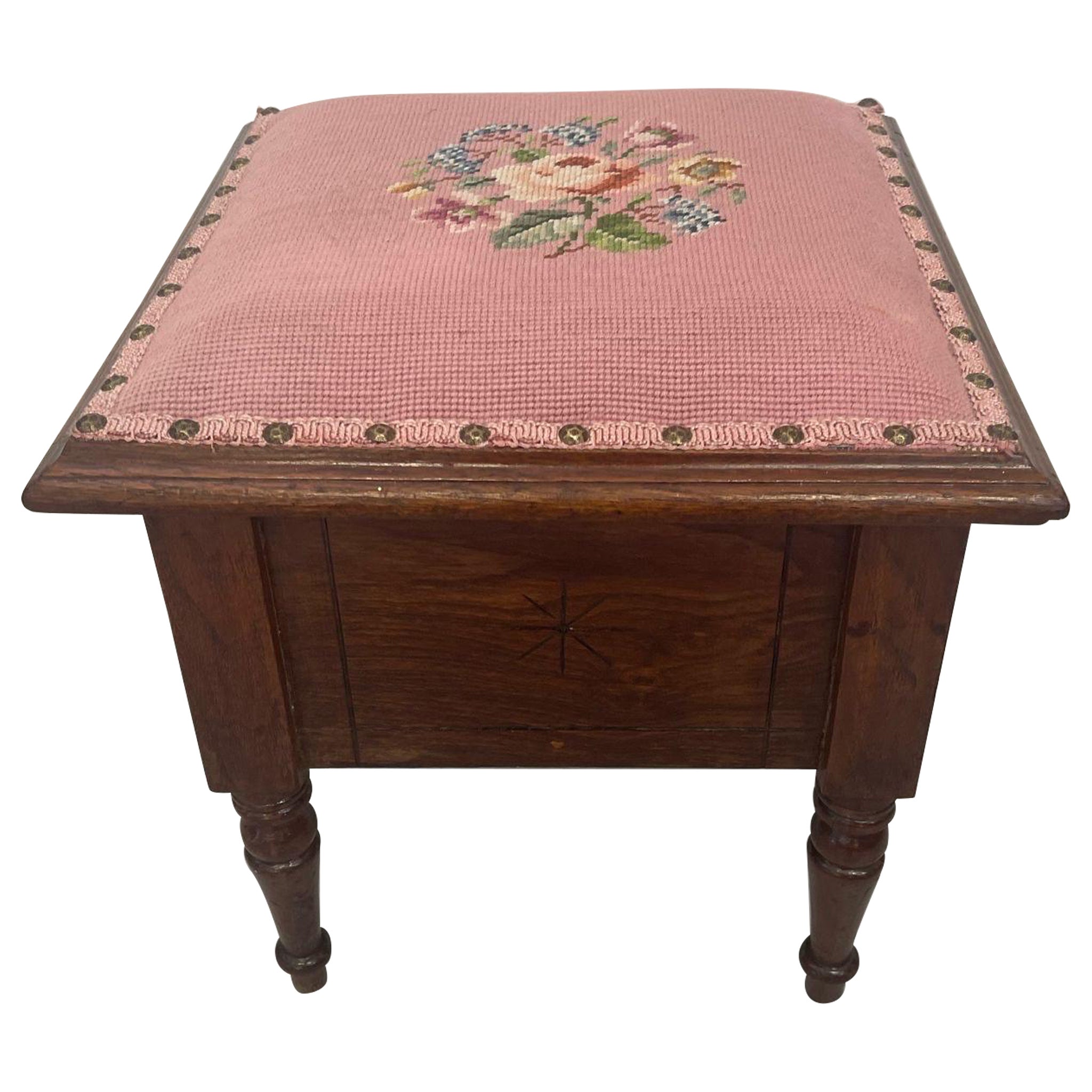 Vintage Needlepoint Embroidery Footstool With Wooden Base. For Sale