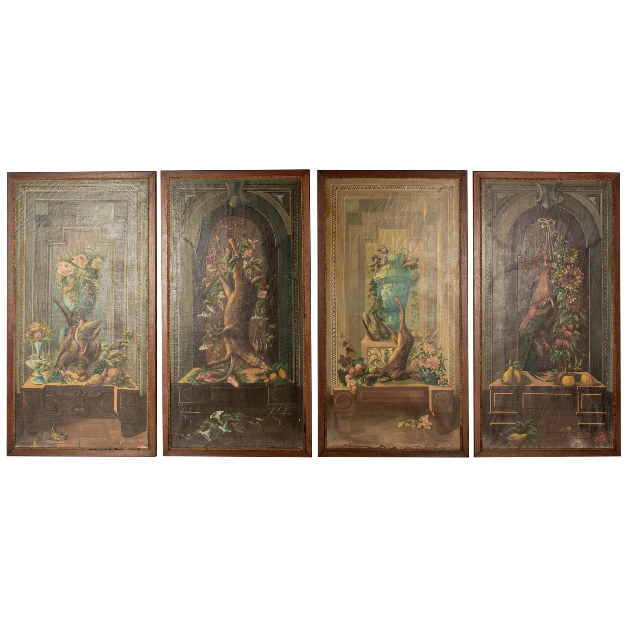 Large French Hunting Lodge Game Paintings, Set of 4 For Sale