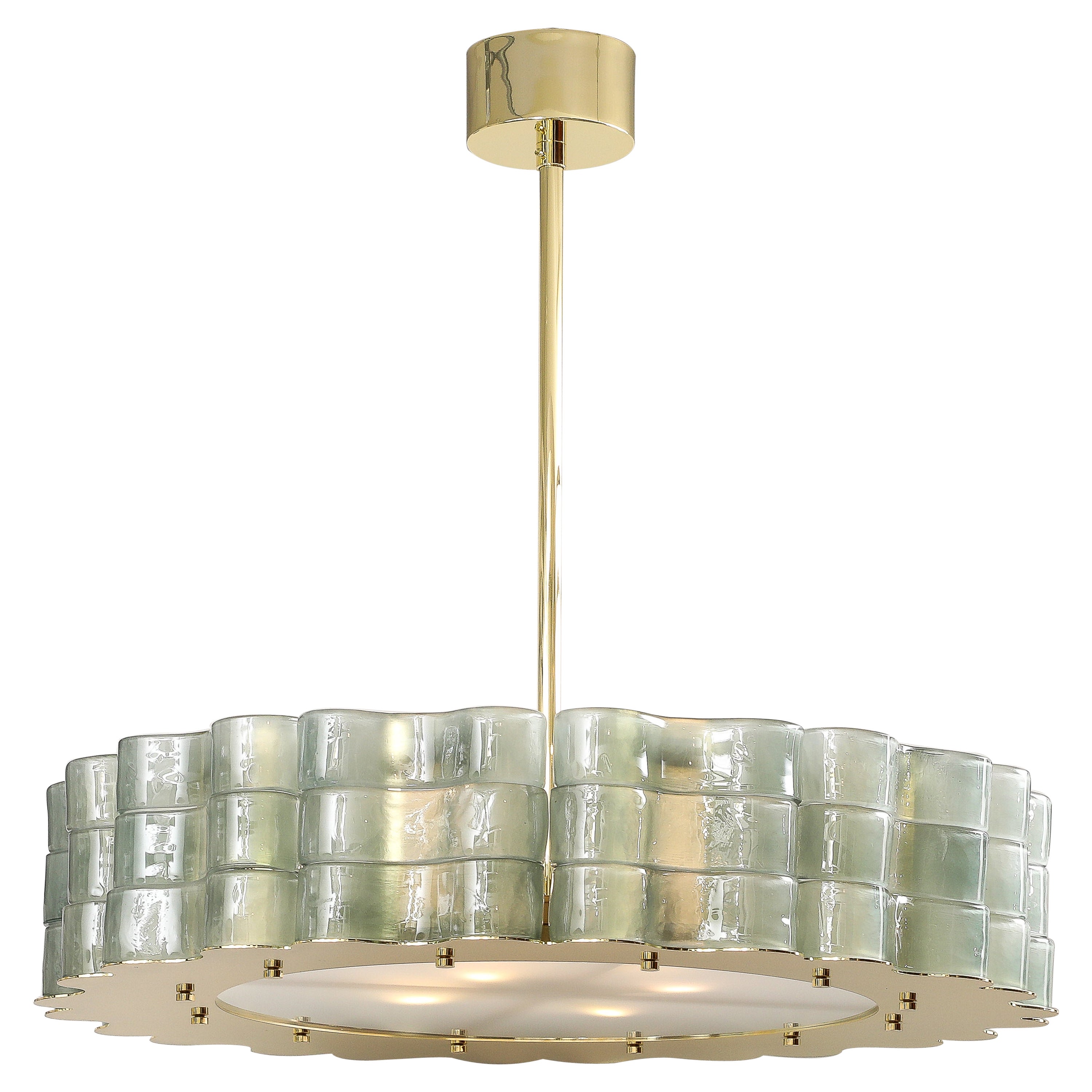 Fontana Green Murano Glass and Brass Round "Drum" Round Chandelier, Italy For Sale