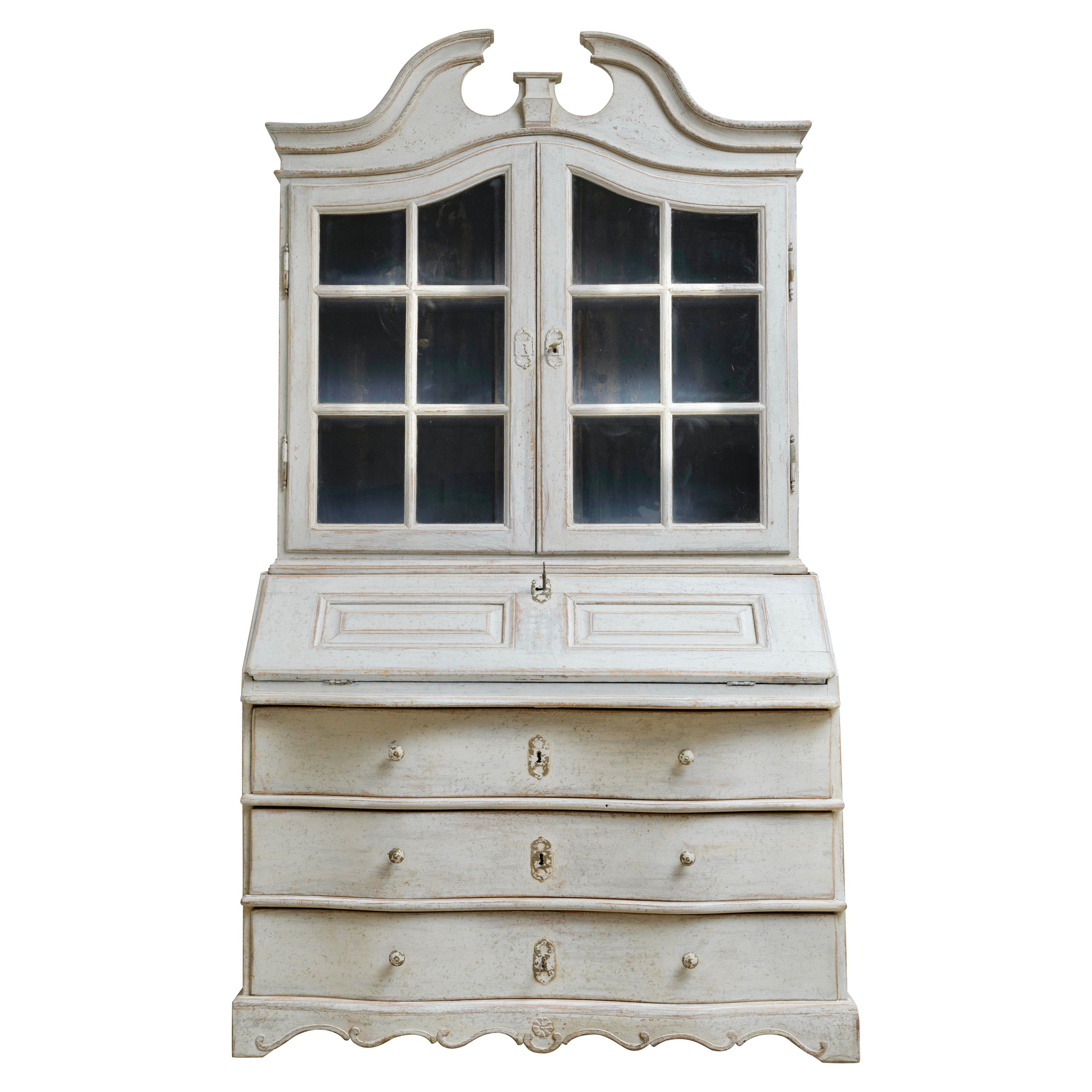 18th C. Swedish Rococo Period Two-Part Painted Secretary with Library For Sale