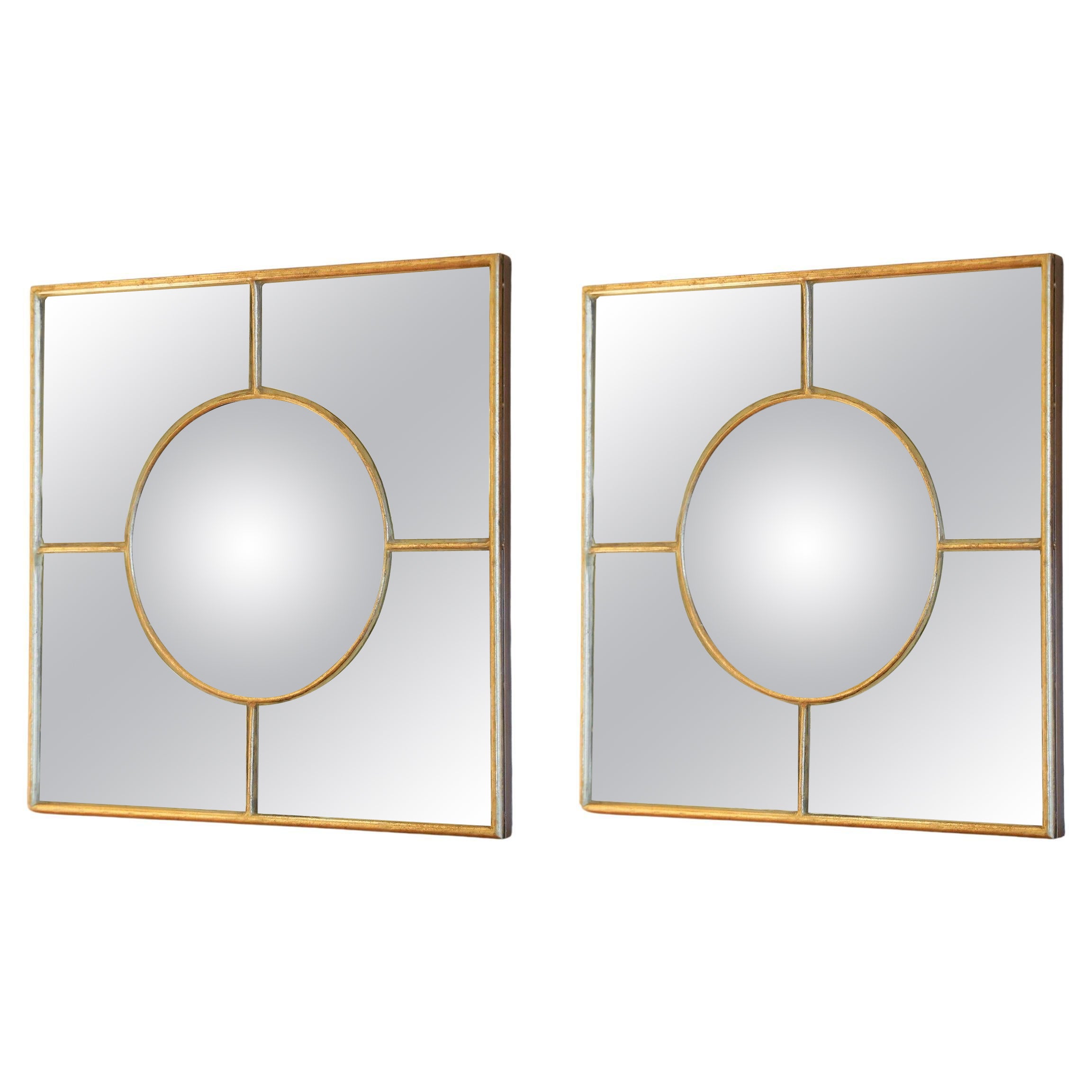 Beautiful pair of gilded wood mirrors.

Composed of a gilded wooden frame forming a square.
Inside the frame is a witch's mirror placed in the center, framed by 4 small mirrors underlining the witch's mirror, each mirror highlighted by gilded wooden