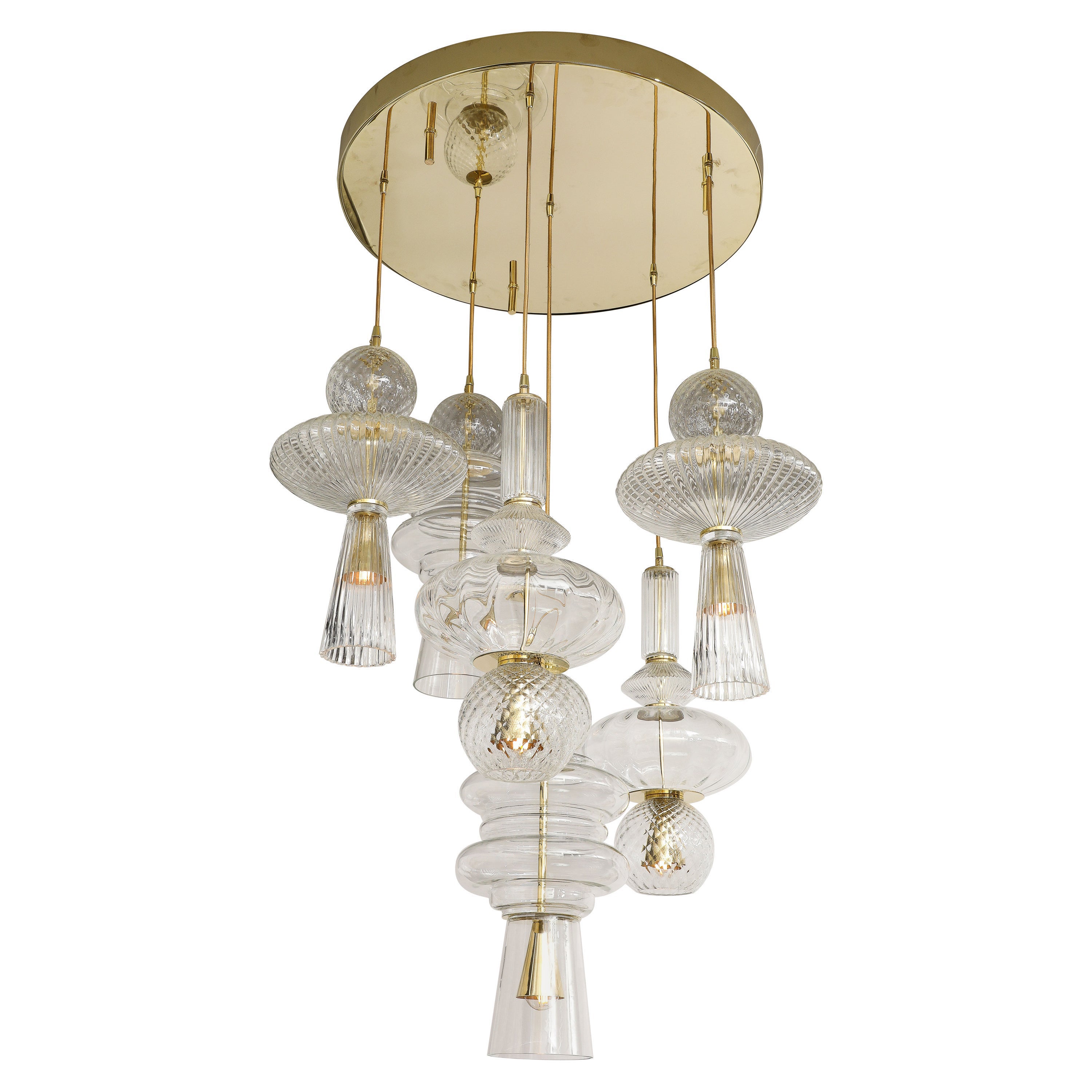 Adjustable Height Clear Murano Glass Pendants Brass Suspension Chandelier, Italy