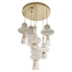 Adjustable Height Clear Murano Glass Pendants Brass Suspension Chandelier, Italy
