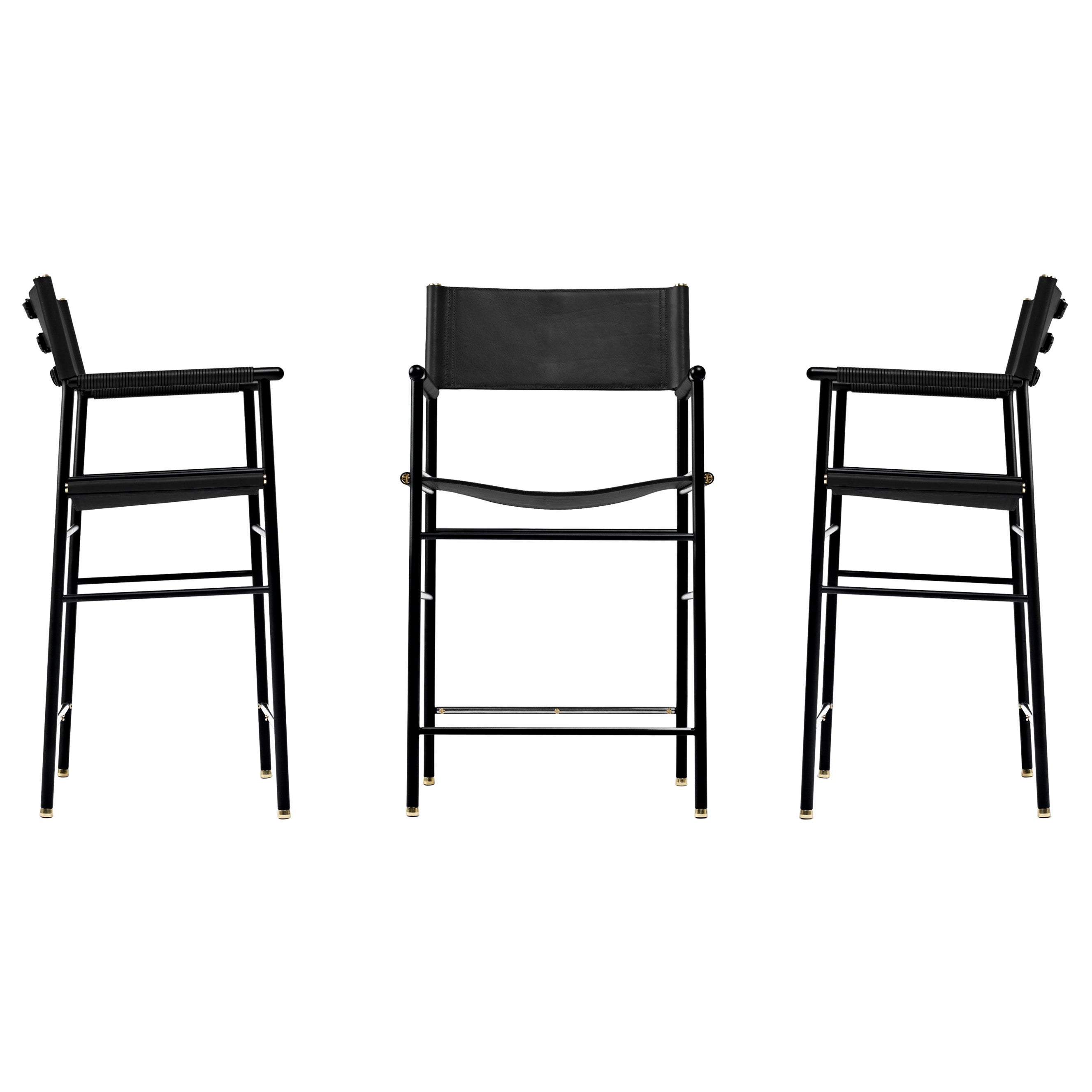 Set 3 Counter Height Stool w. Backrest Black Leather & Black Rubber Metal Sample For Sale