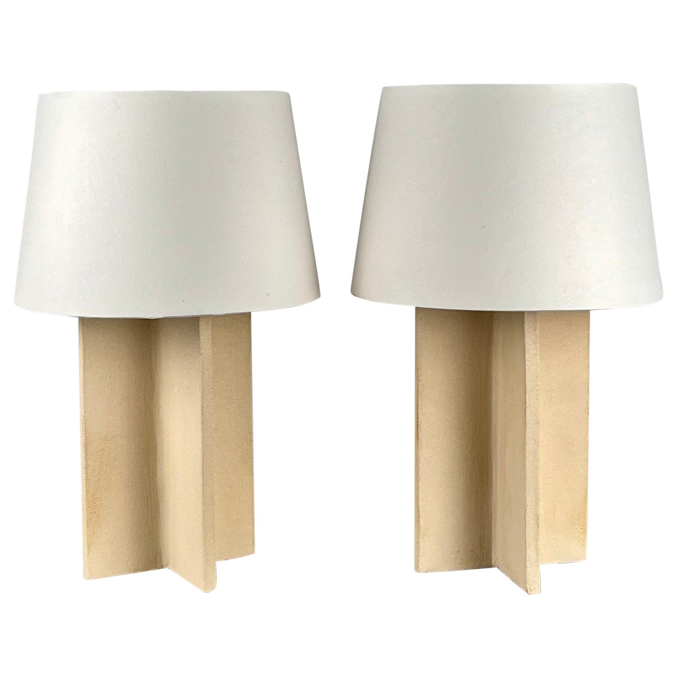 Pair of 'Croisillon' Cream Ceramic Lamps with Parchment Shades by Design Frères For Sale