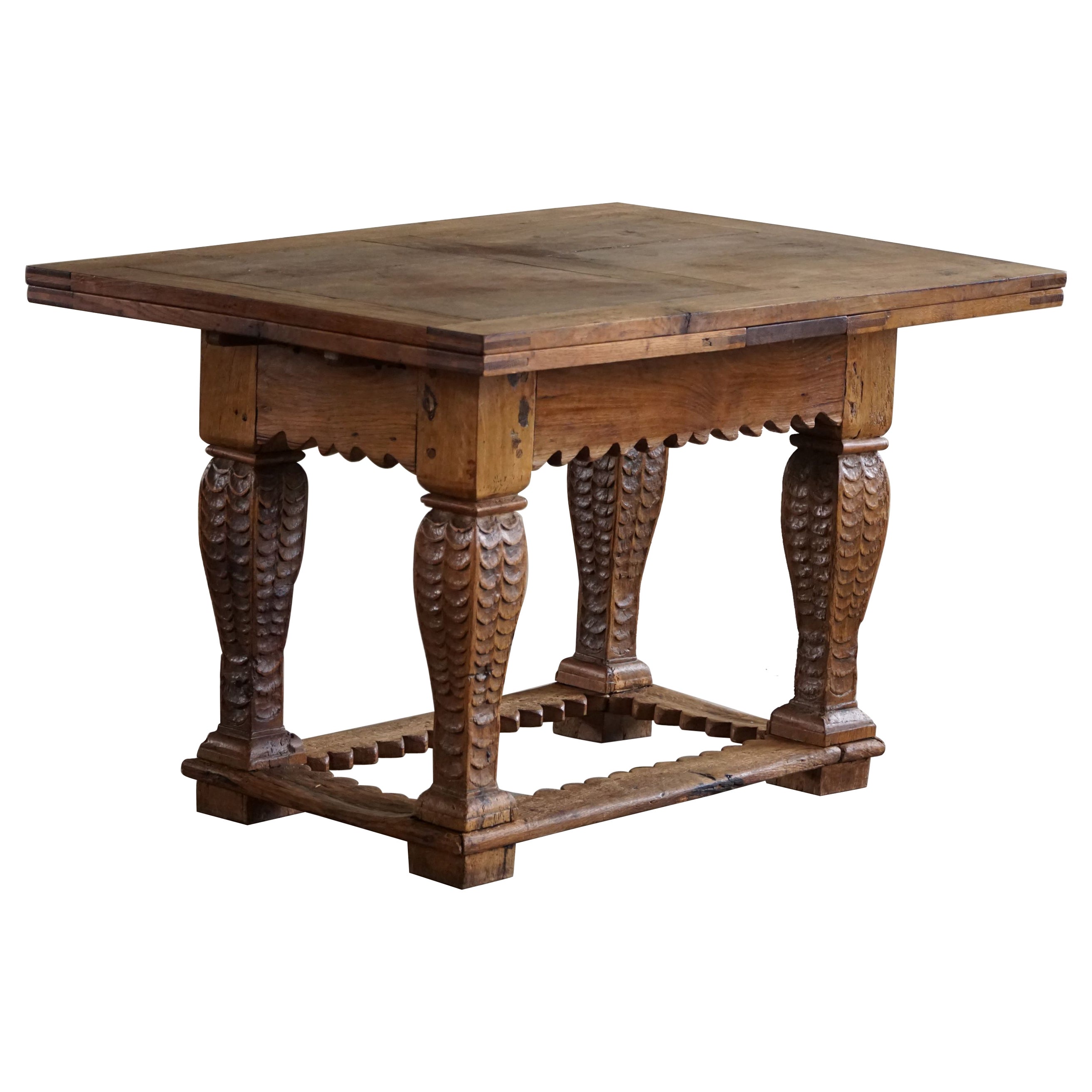 Table de salle à manger/de bureau baroque ancienne en chêne, ébéniste danois, 19ème siècle  en vente