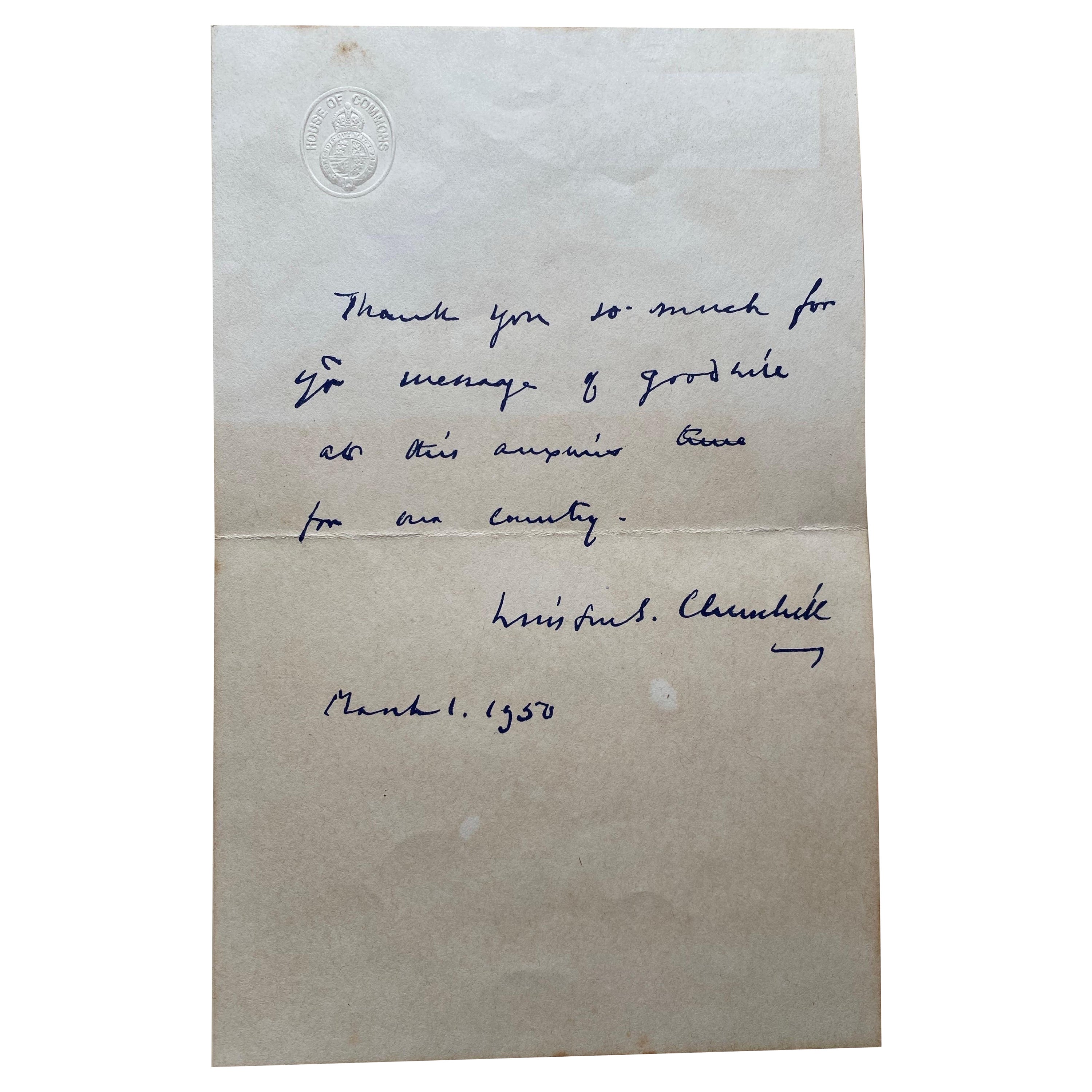 Signed, Handwritten Letter from Winston Churchill dated 1950 with Envelope.