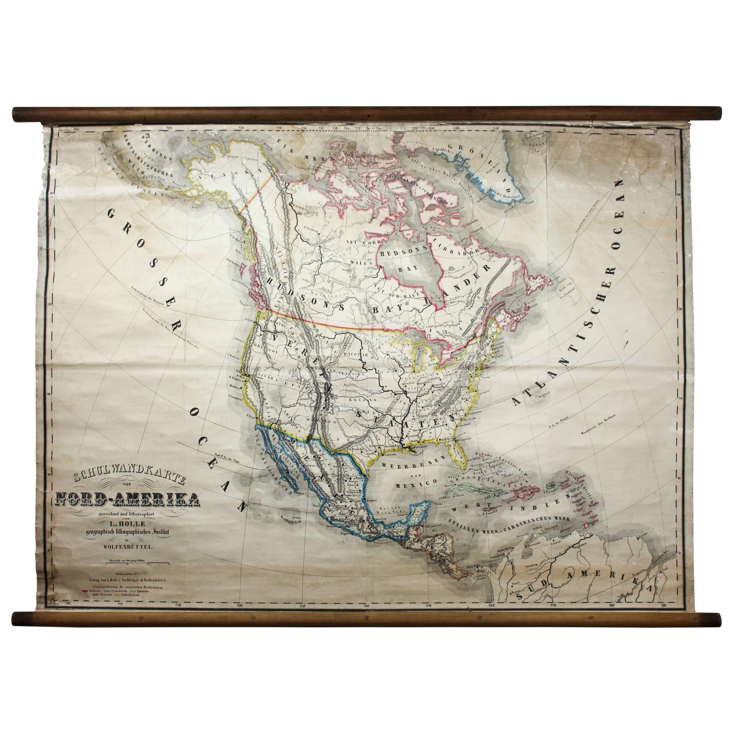 Antique Mid-19th Century Wall Map of North America by Lienhart Holle