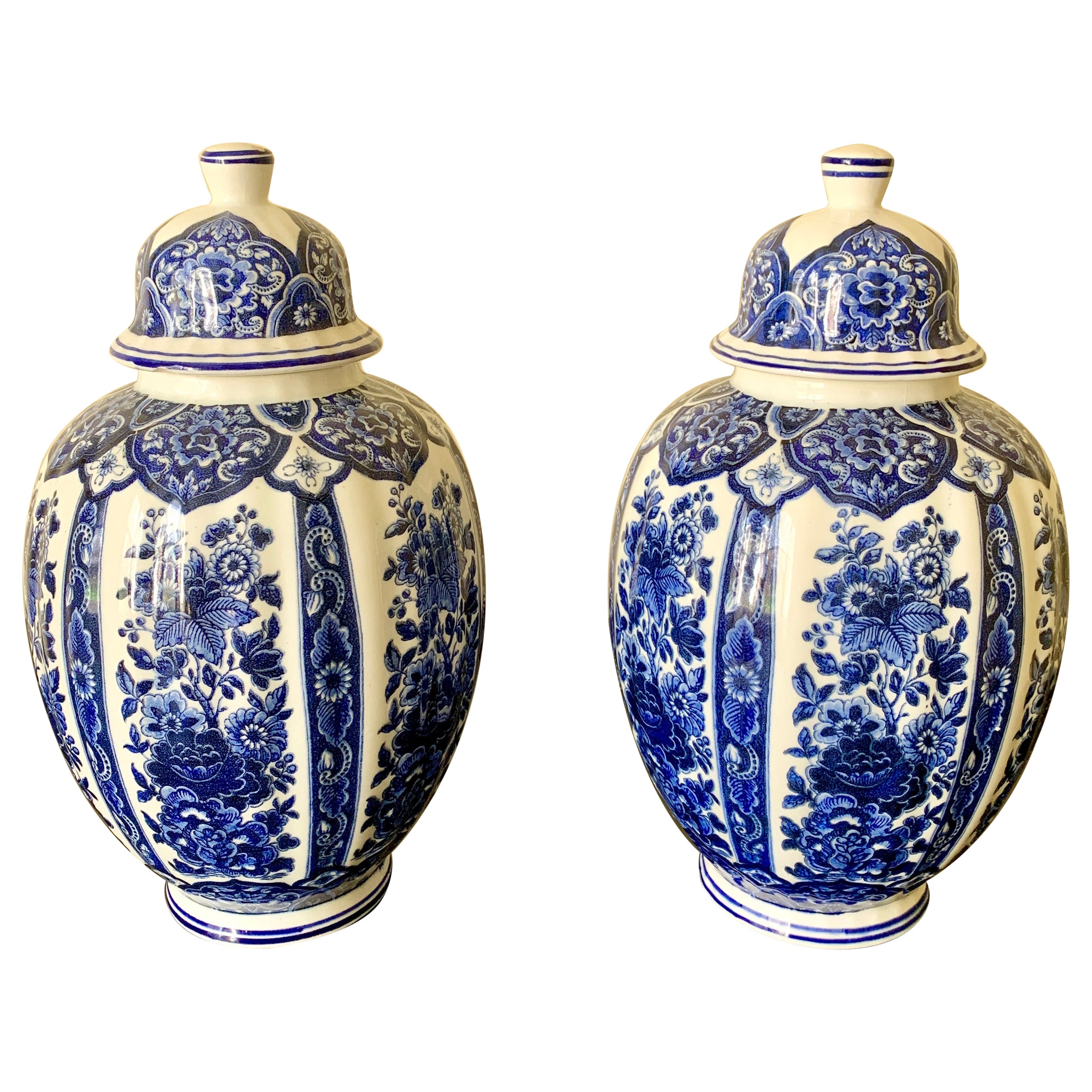 Italian Blue and White Porcelain Ginger Jars by Ardalt Blue Delfia, Pair For Sale