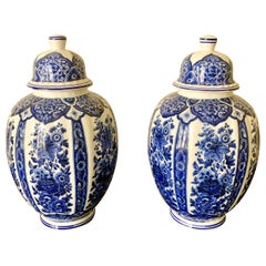 Vintage Italian Blue and White Porcelain Ginger Jars by Ardalt Blue Delfia, Pair