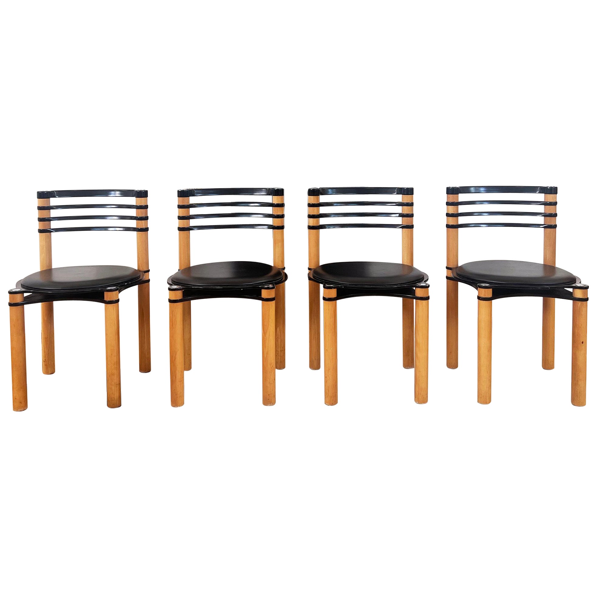 Set of 4 Postmodern Black and Wood Chairs by Kurt Thut for Dietiker, 1980s
