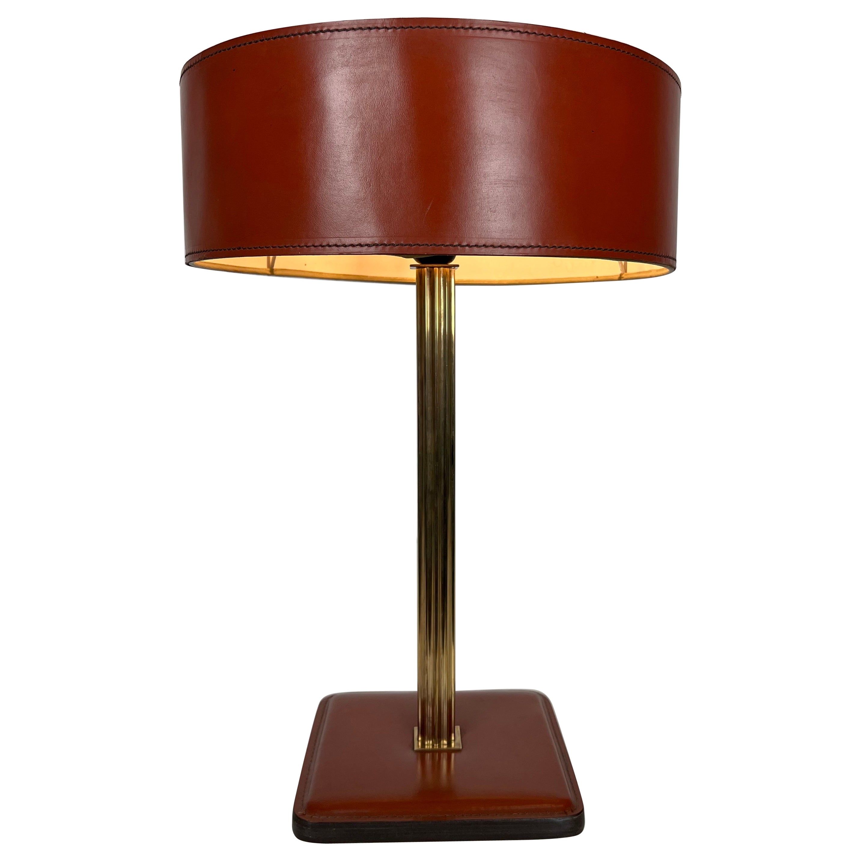 Red Leather and Brass Desk Lamp in the Style of Jacques Adnet