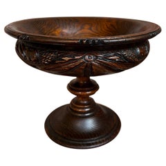 Antique English Carved Dark Oak Compote Pedestal Bowl Floral Dessert Stand