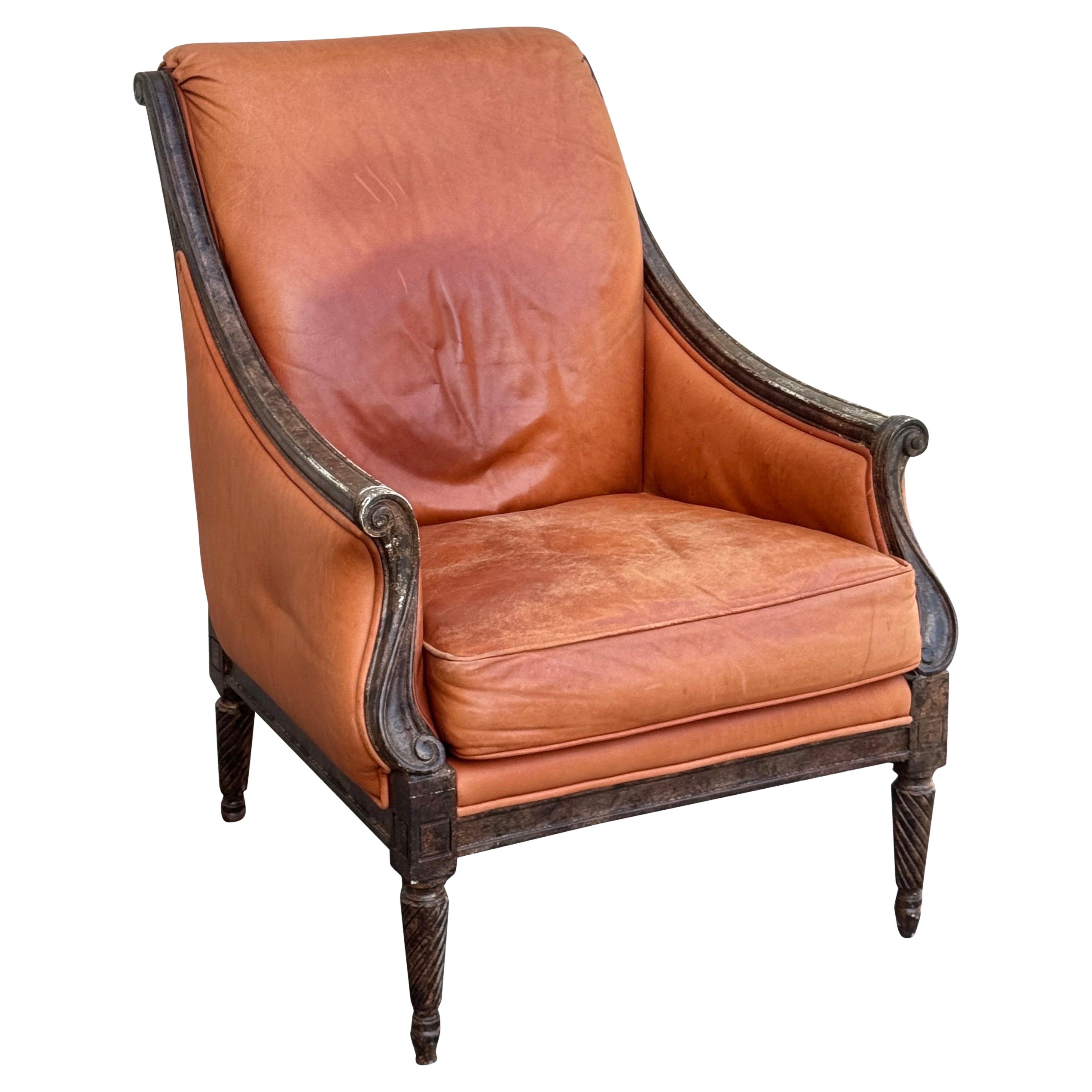 Vintage French Leather Library Club Chair For Sale