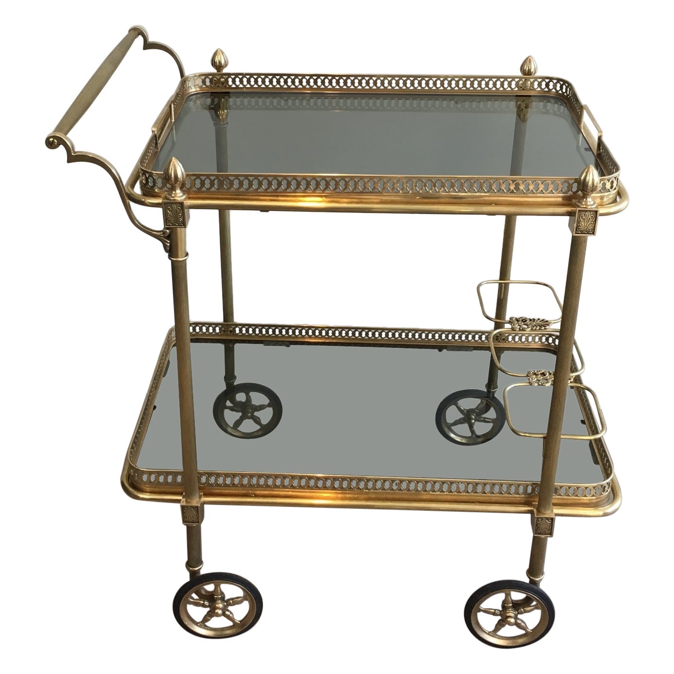 Brass Drinks Trolley with Blueish Glass shelves by Maison Jansen For Sale