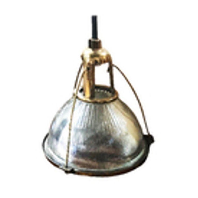 Rare Brass Plated Holophane Industrial Hanging Pendant Light For Sale