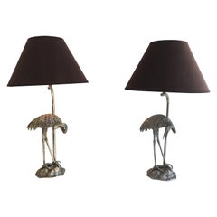 Pair of Silvered Herons Table Lamps. French work by Maison Bagués. Circa 1940
