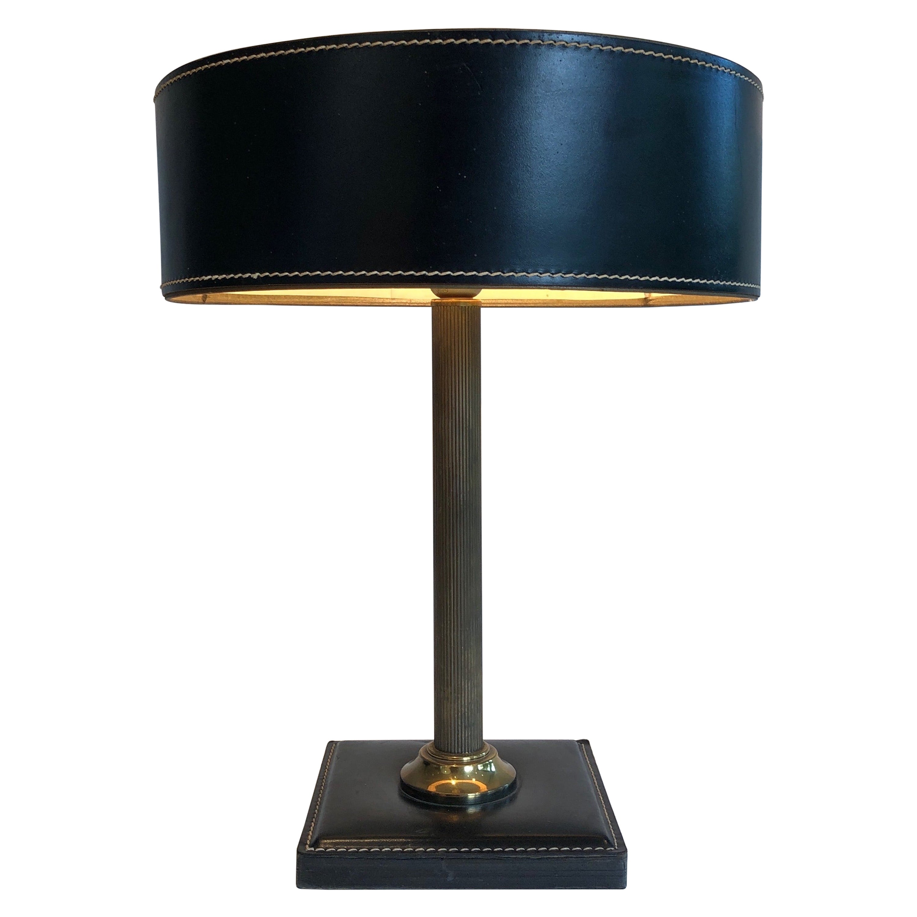 Black Leather and Brass Desk Lamp in the Style of Jacques Adnet For Sale