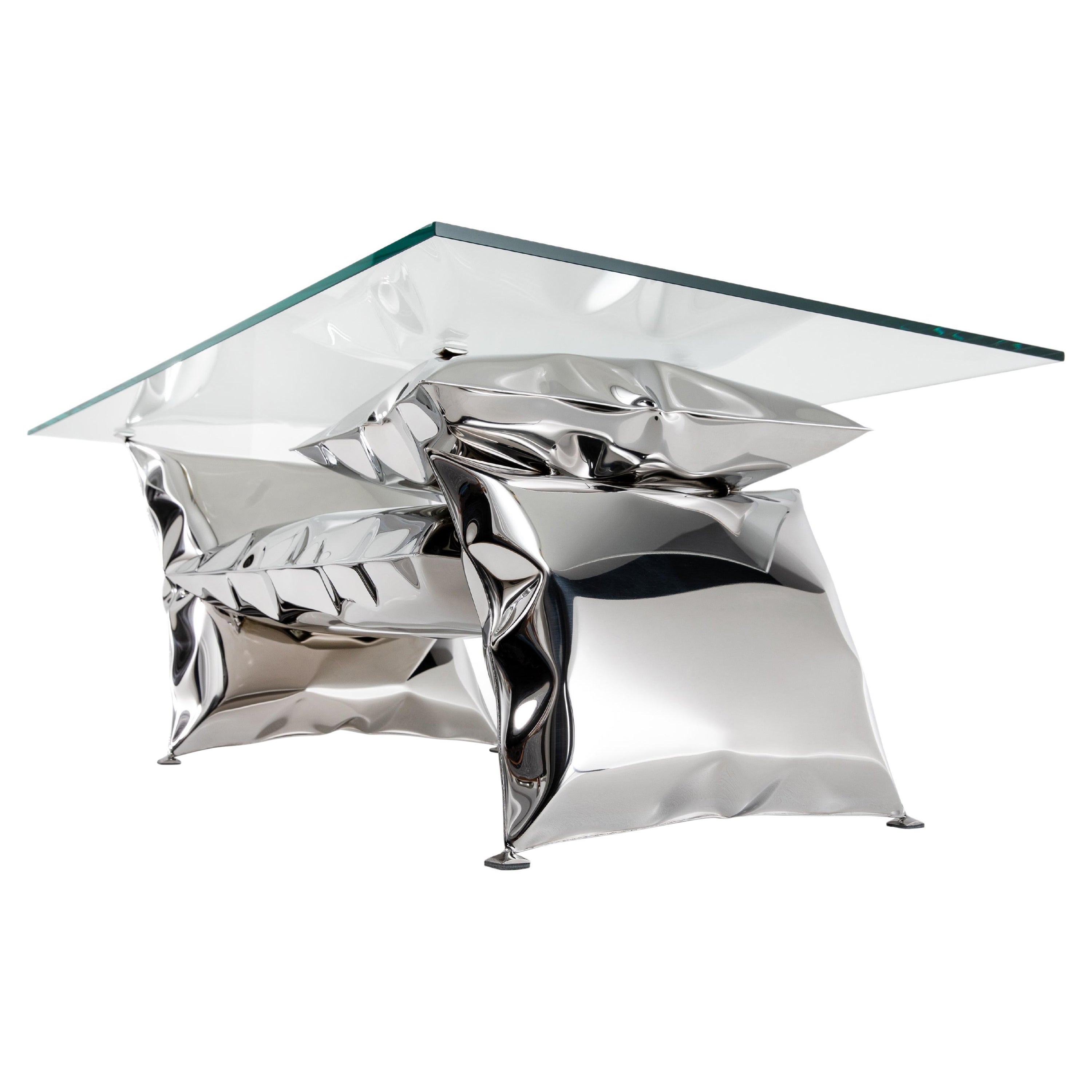 'Balance' inflated metal coffee table, stainless steel and glass For Sale