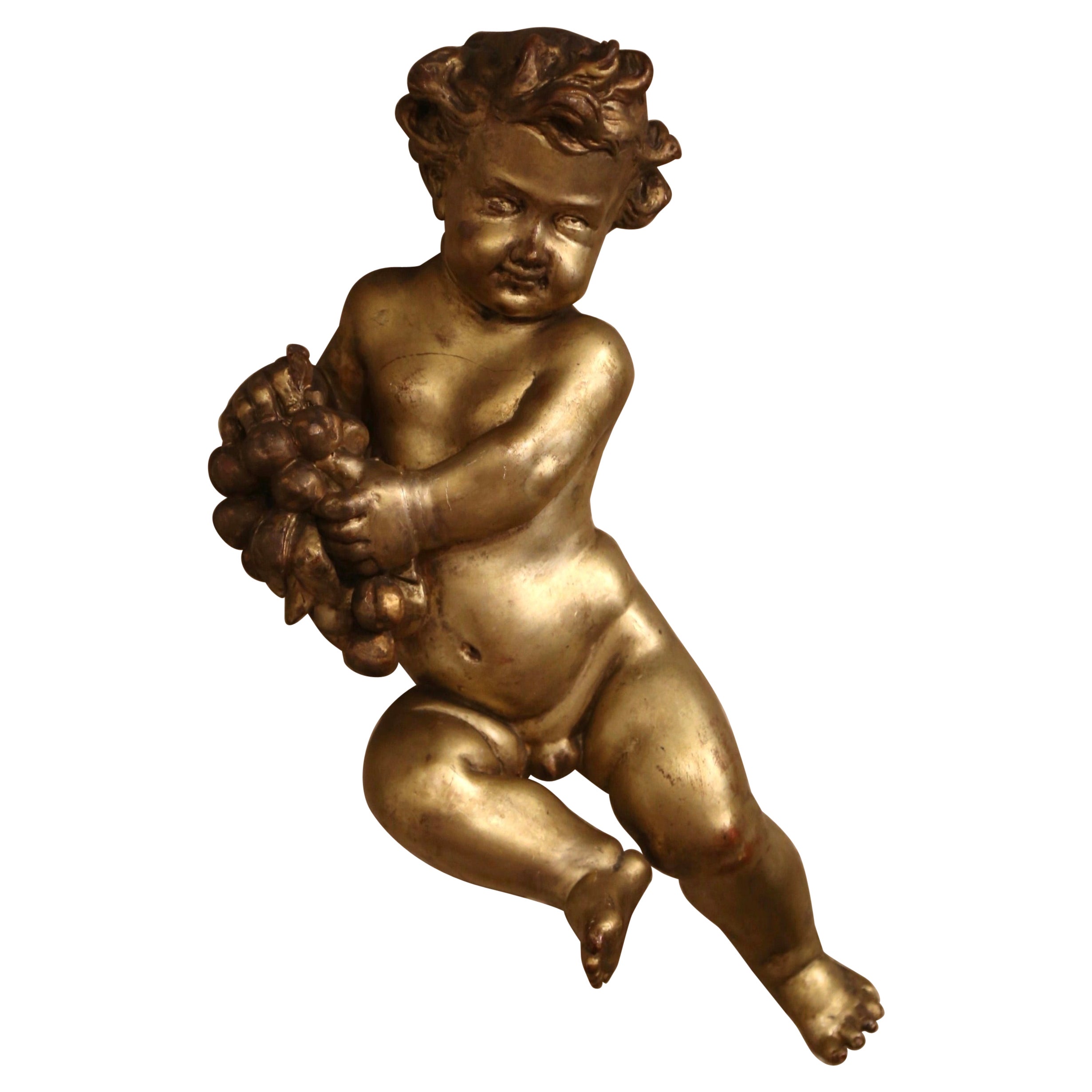 18th Century Italian Carved Giltwood Putti Cherub Wall Sculpture Holding Grapes