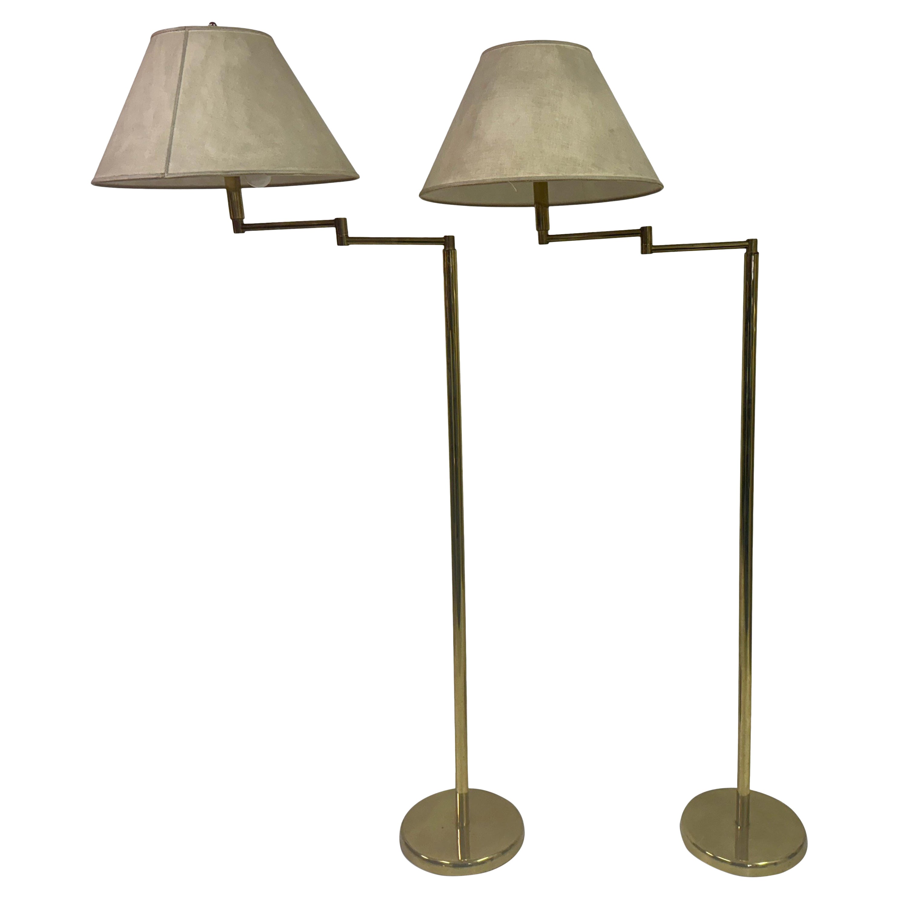 Pair of 1970s Italian Brass Swing Arm Floor Lamps For Sale