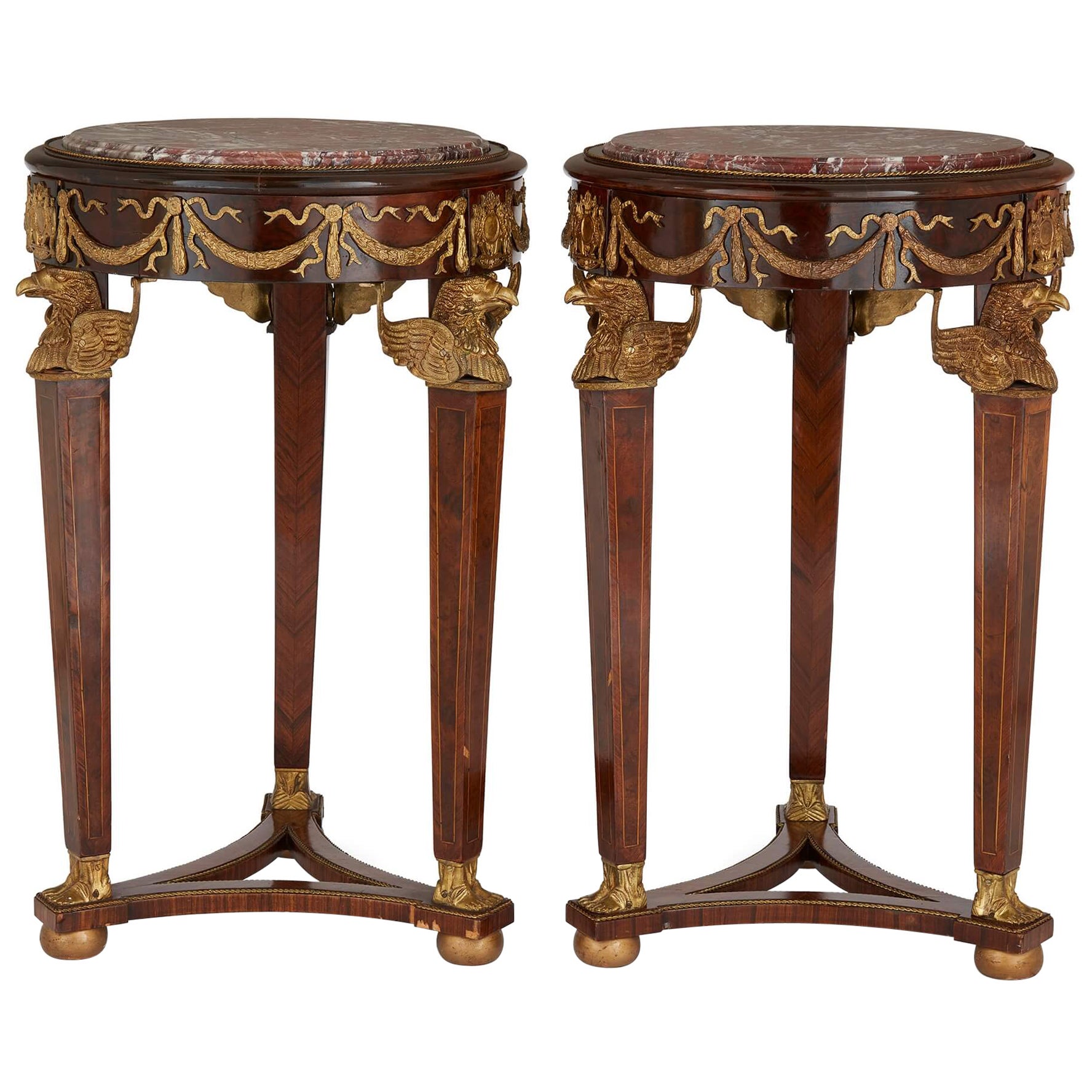 Pair of French Empire Style Ormolu, Wood and Marble Pedestals For Sale
