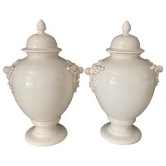 Large Antique Italian Pair of White Ceramic Apothecary Style Urn Vases