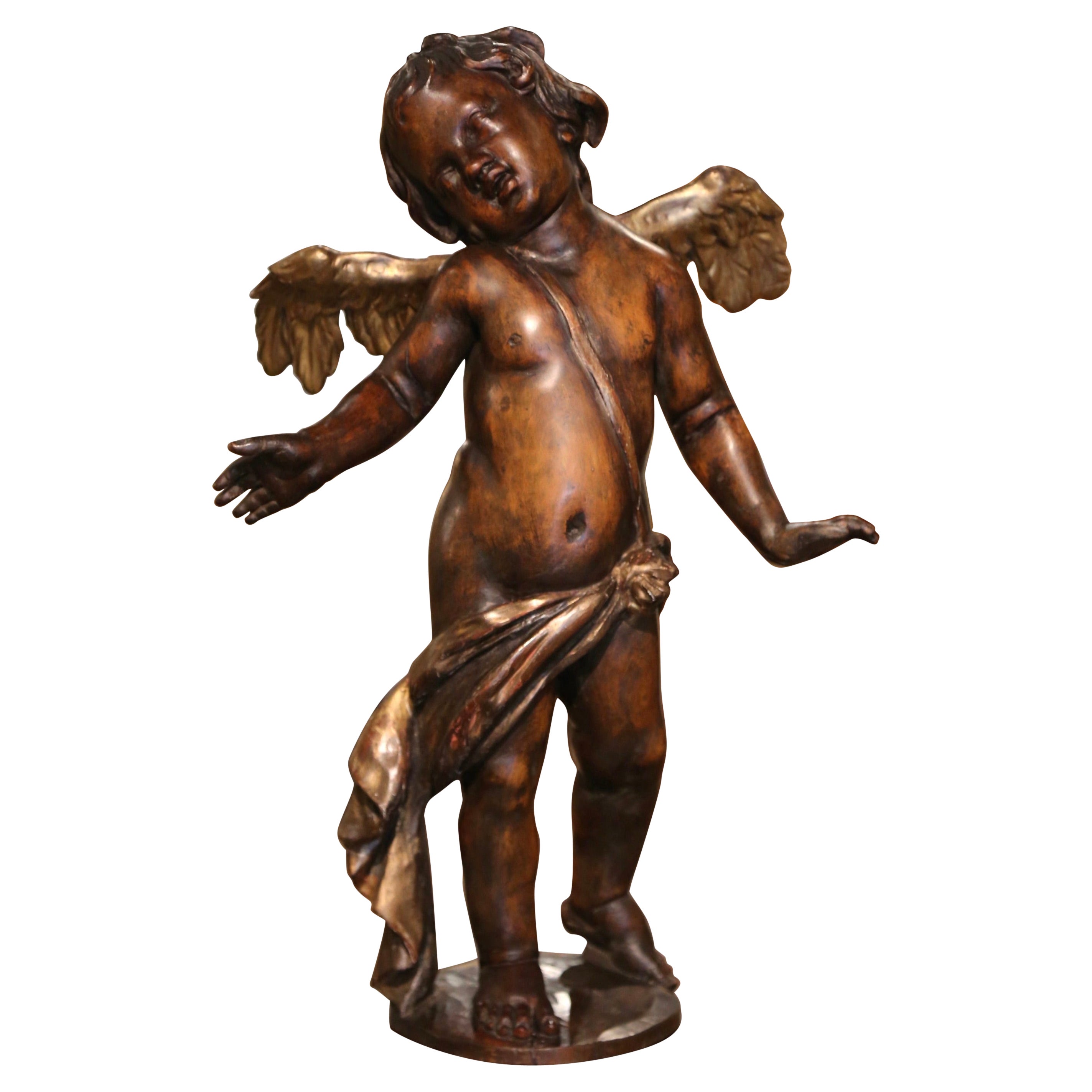 Sculpture italienne du milieu du XVIIIe siècle en noyer sculpté à la main et en vermeil, représentant des putti avec des ailes